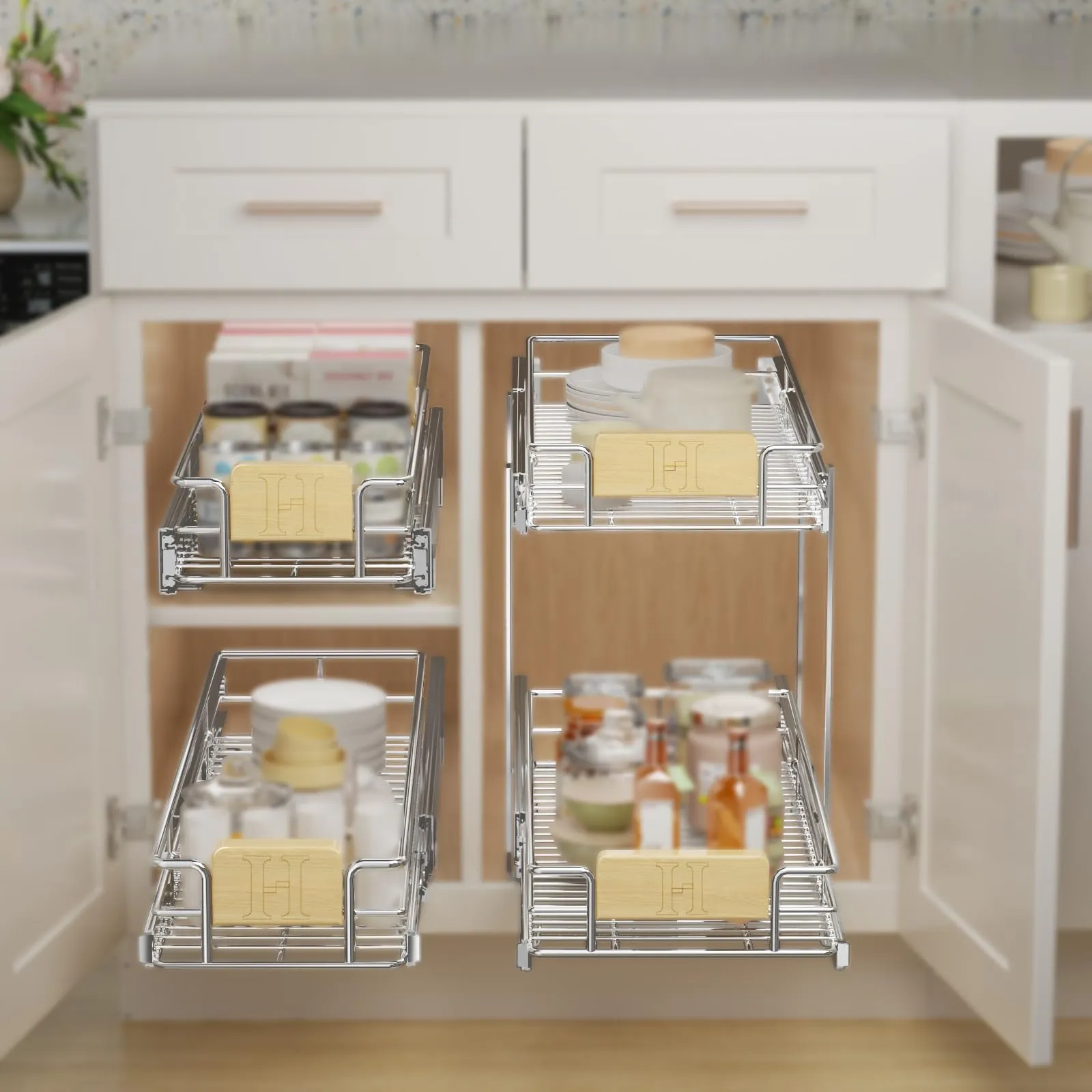 1 Tier Pull Out-Drawers For Kitchen Cabinet With Wooden Handle