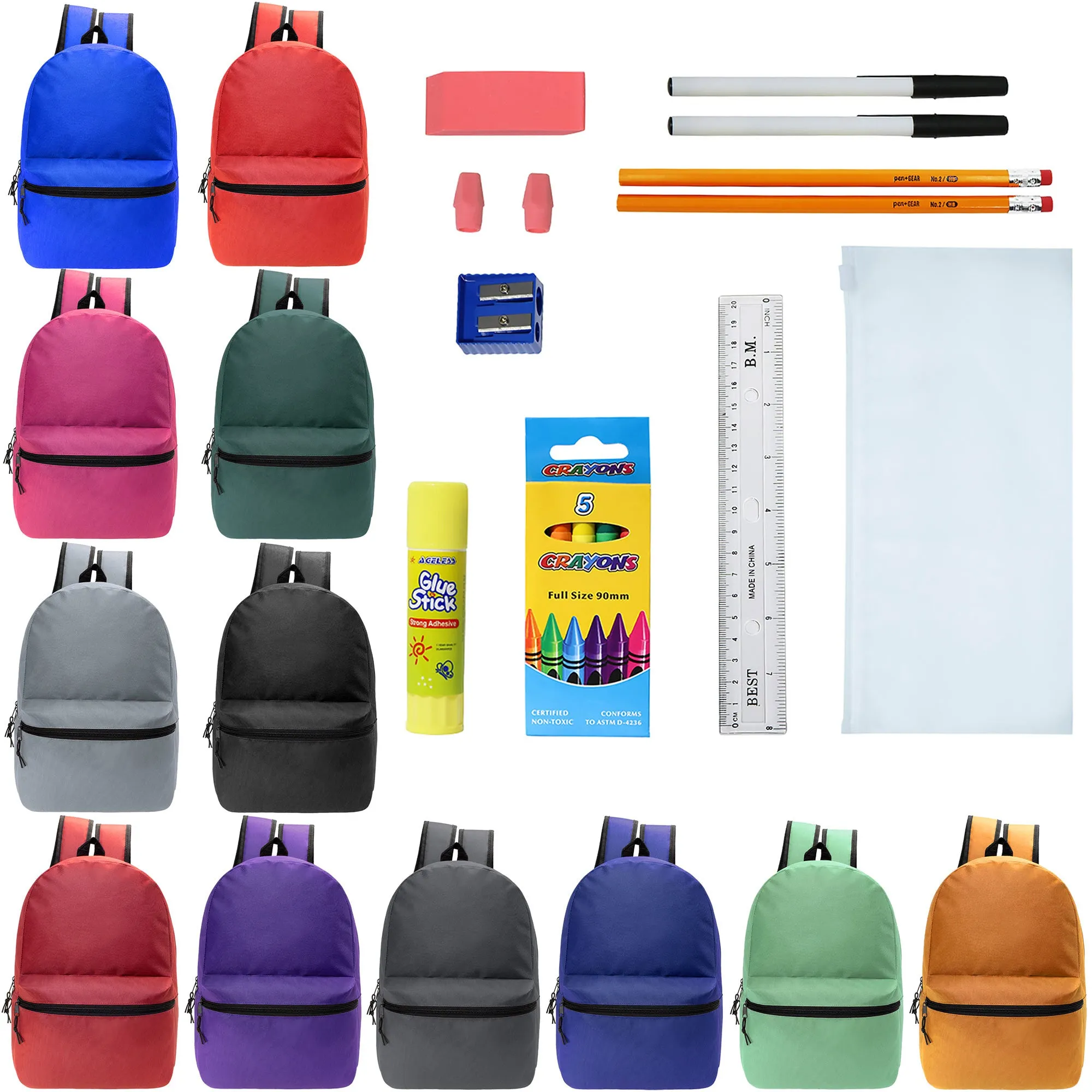 12 Wholesale Blank 18.5" Backpacks in 12 Assorted Colors and 12 Bulk School Supply Kits of Your Choice