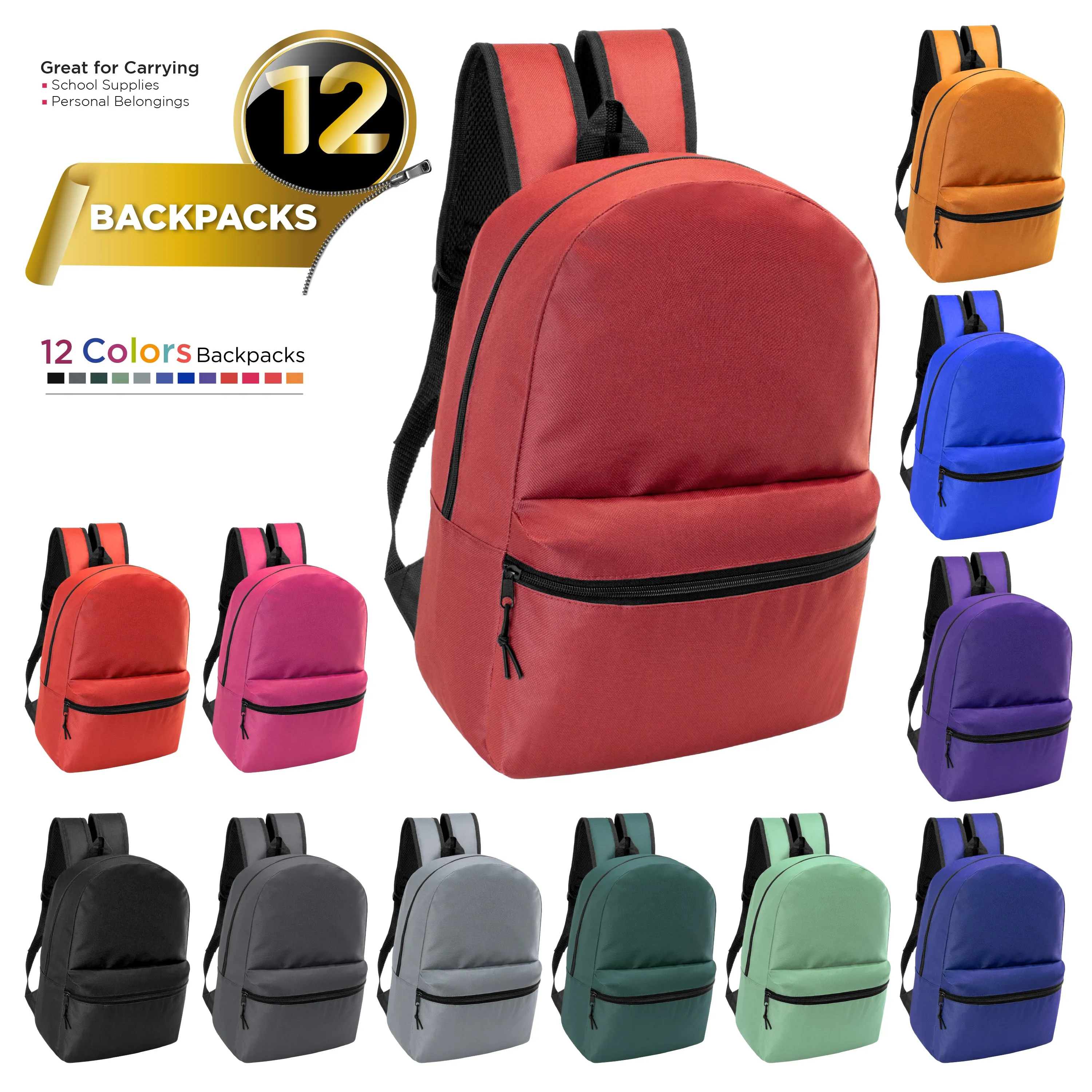 12 Wholesale Blank 18.5" Backpacks in 12 Assorted Colors and 12 Bulk School Supply Kits of Your Choice