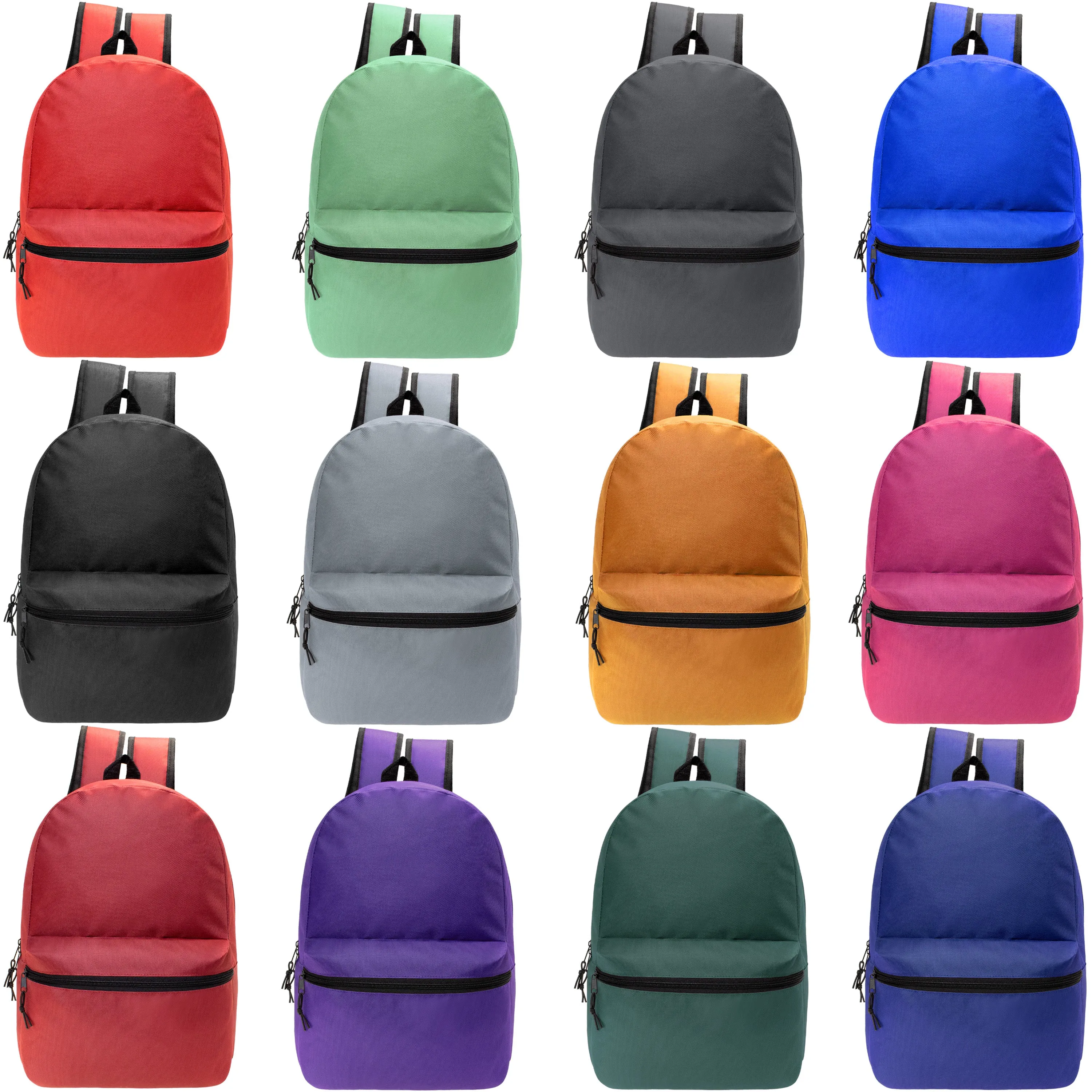 12 Wholesale Blank 18.5" Backpacks in 12 Assorted Colors and 12 Bulk School Supply Kits of Your Choice