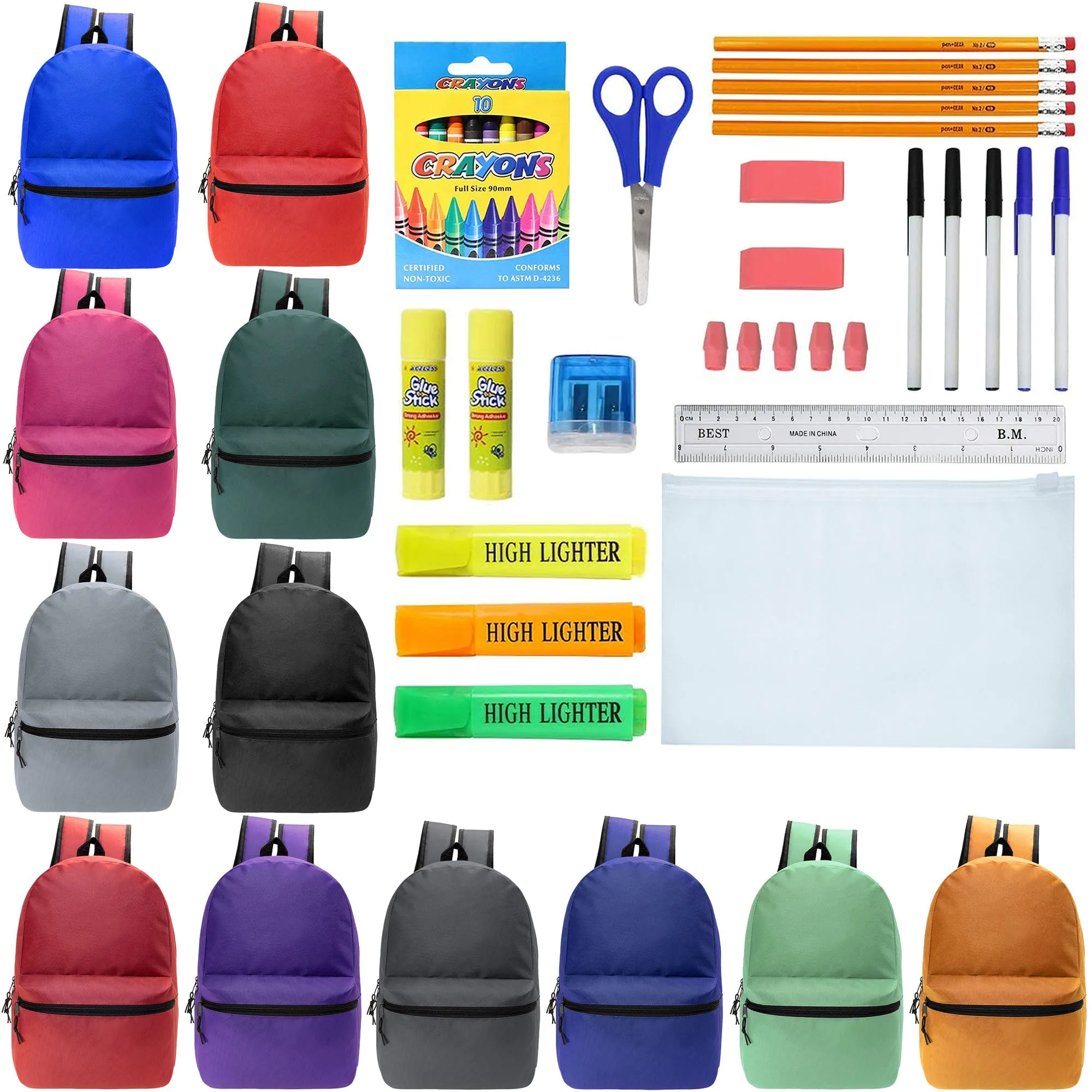 12 Wholesale Blank 18.5" Backpacks in 12 Assorted Colors and 12 Bulk School Supply Kits of Your Choice