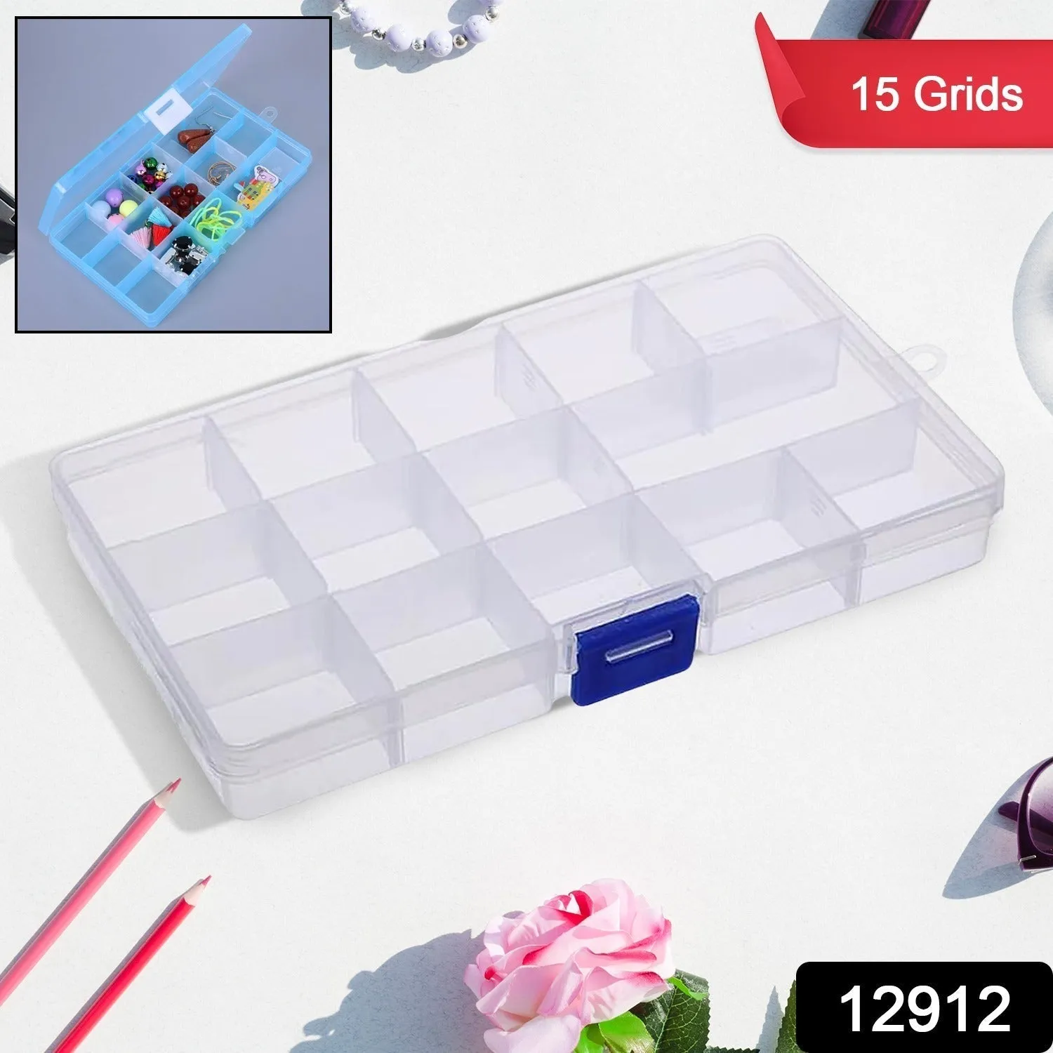 12912 15 Grids Jewelry Organizer Plastic Jewelry Organizer Box Clear Jewelry Organizer Box Plastic Bead Organizers with Adjustable Dividers for Herbs Pills Bead, Jewelry, and Other Small Item (1 Pc)