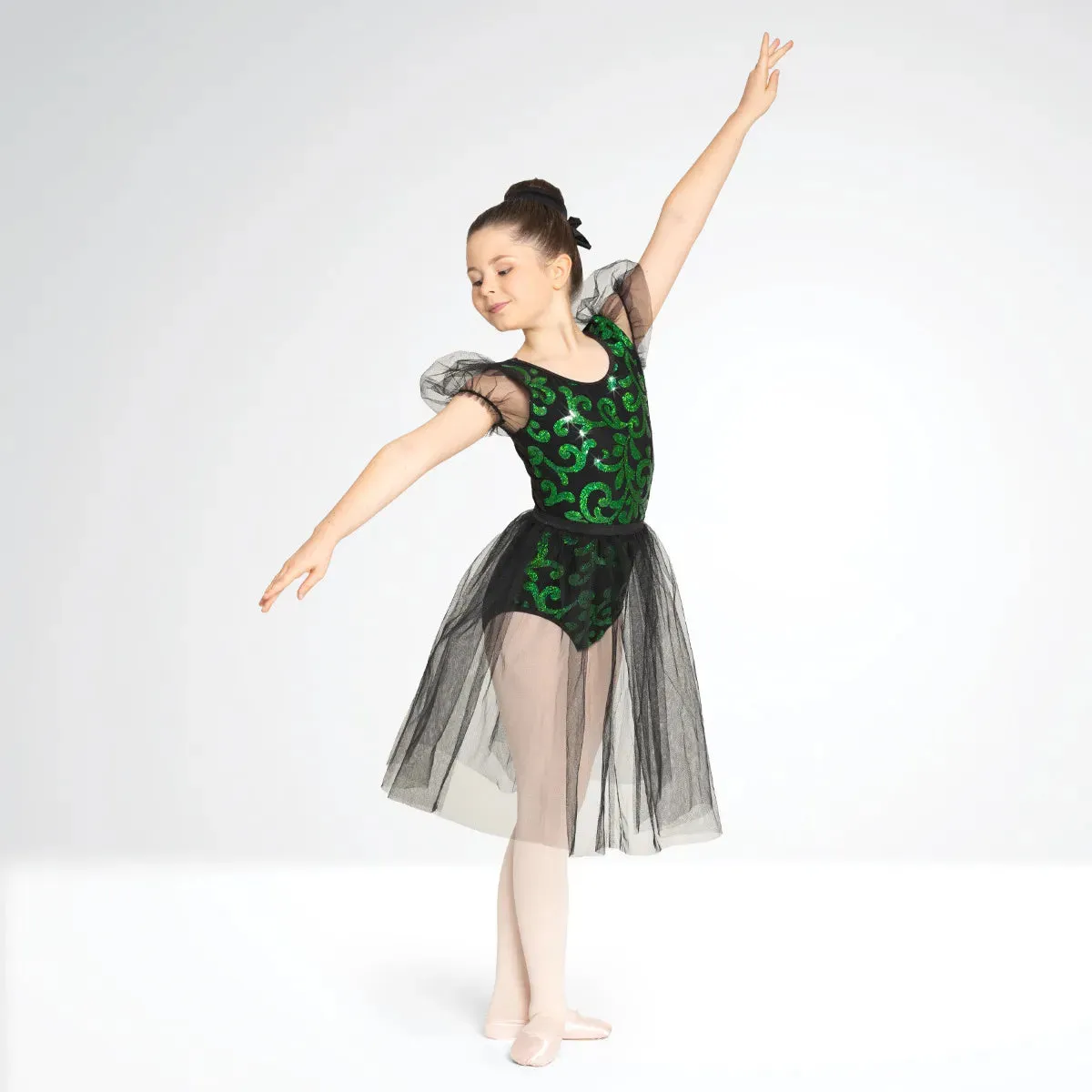 1st Position Sequin Leotard with Puff Sleeve and Separate Net Skirt