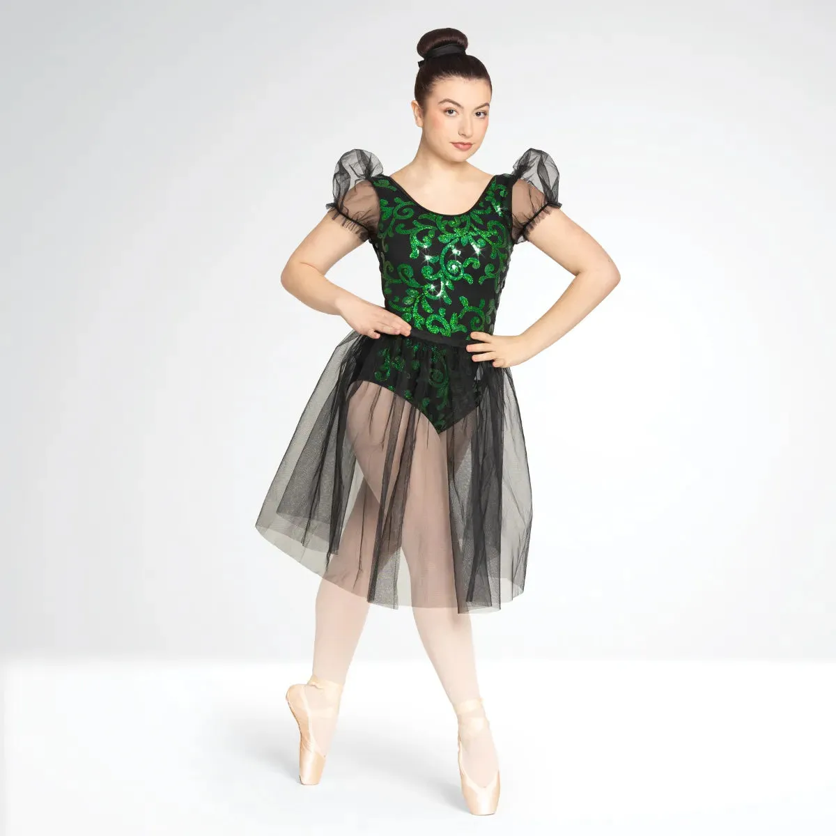 1st Position Sequin Leotard with Puff Sleeve and Separate Net Skirt