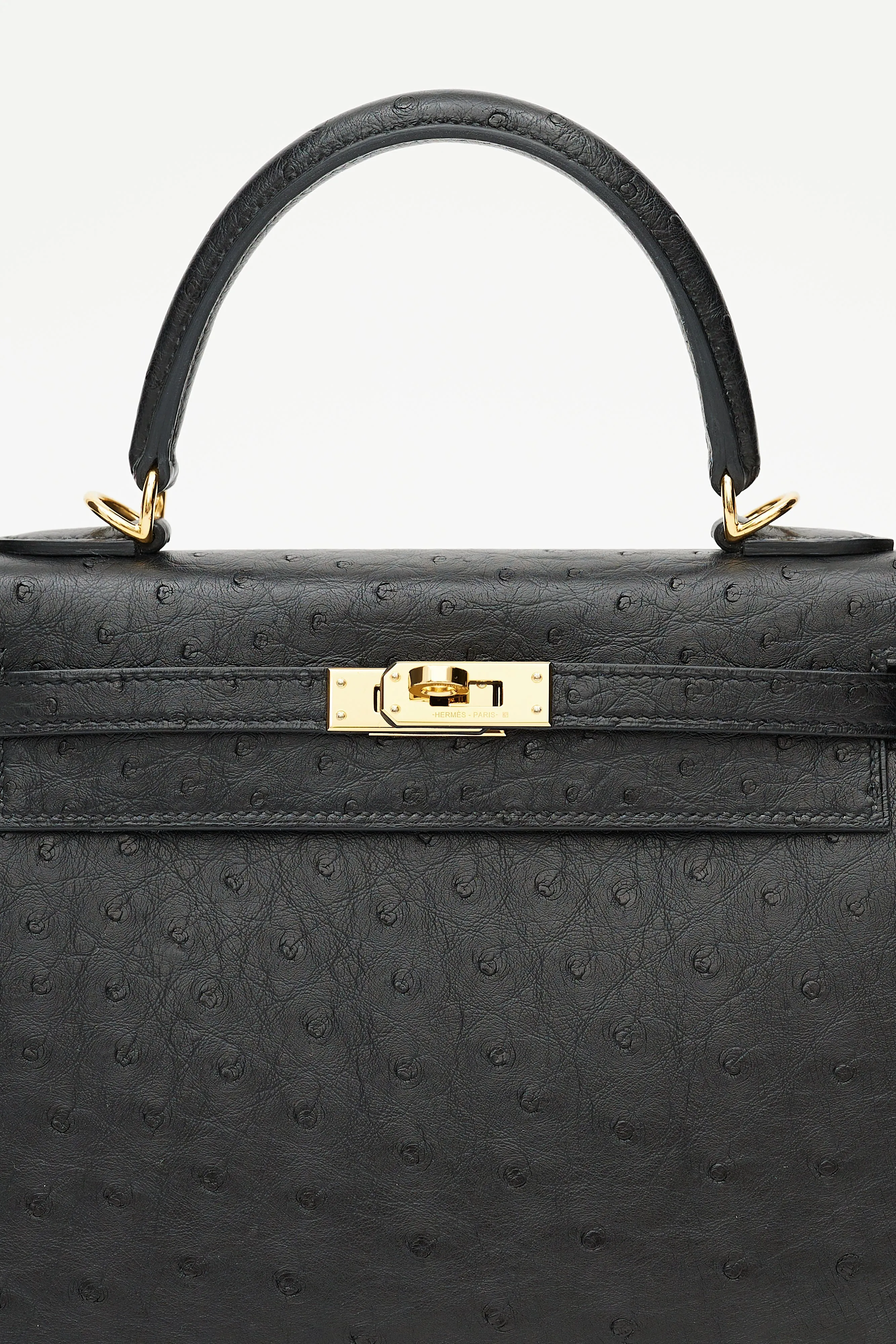 2021 Noir Ostrich & Gold Kelly Sellier 25 Bag