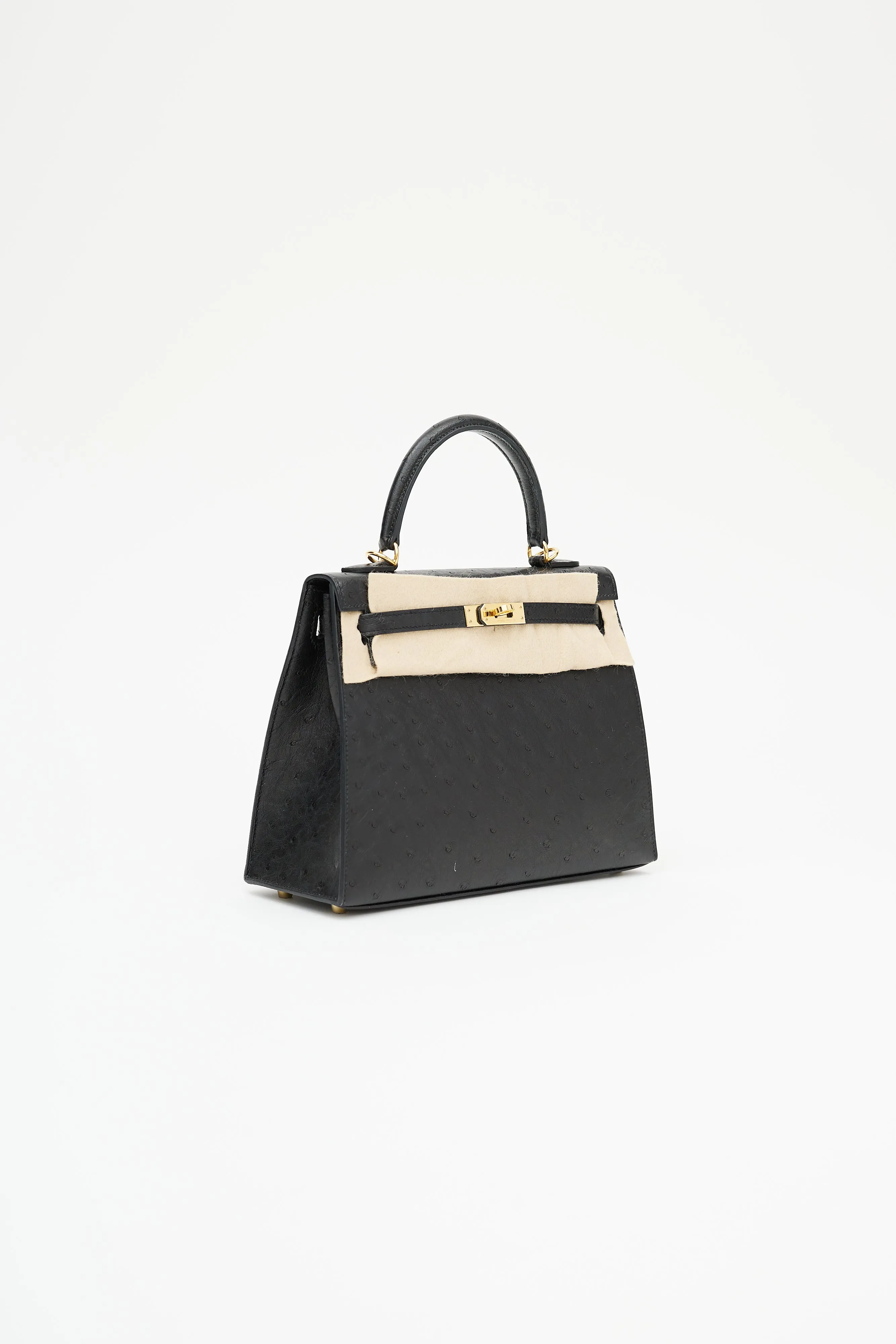 2021 Noir Ostrich & Gold Kelly Sellier 25 Bag