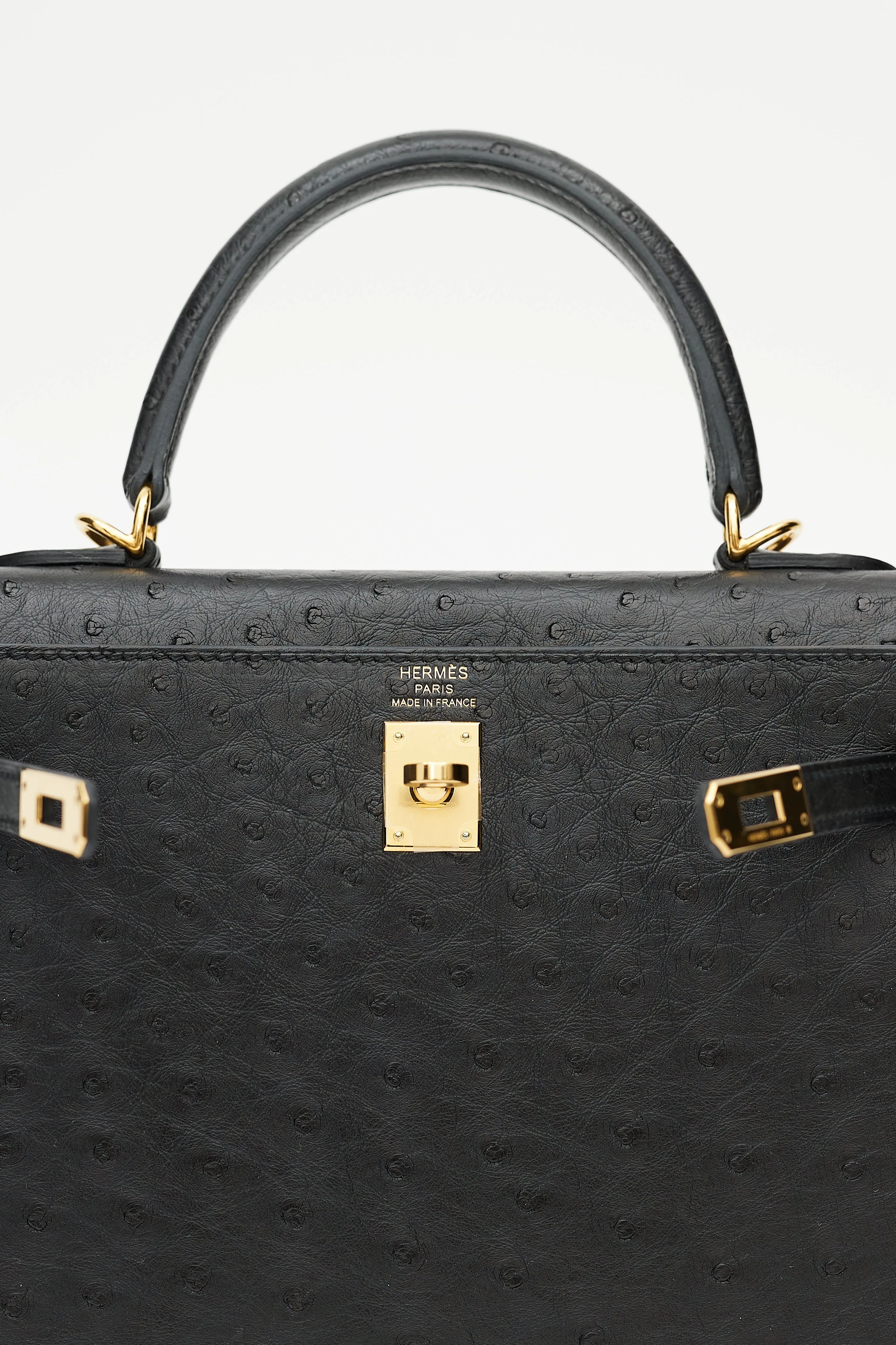 2021 Noir Ostrich & Gold Kelly Sellier 25 Bag