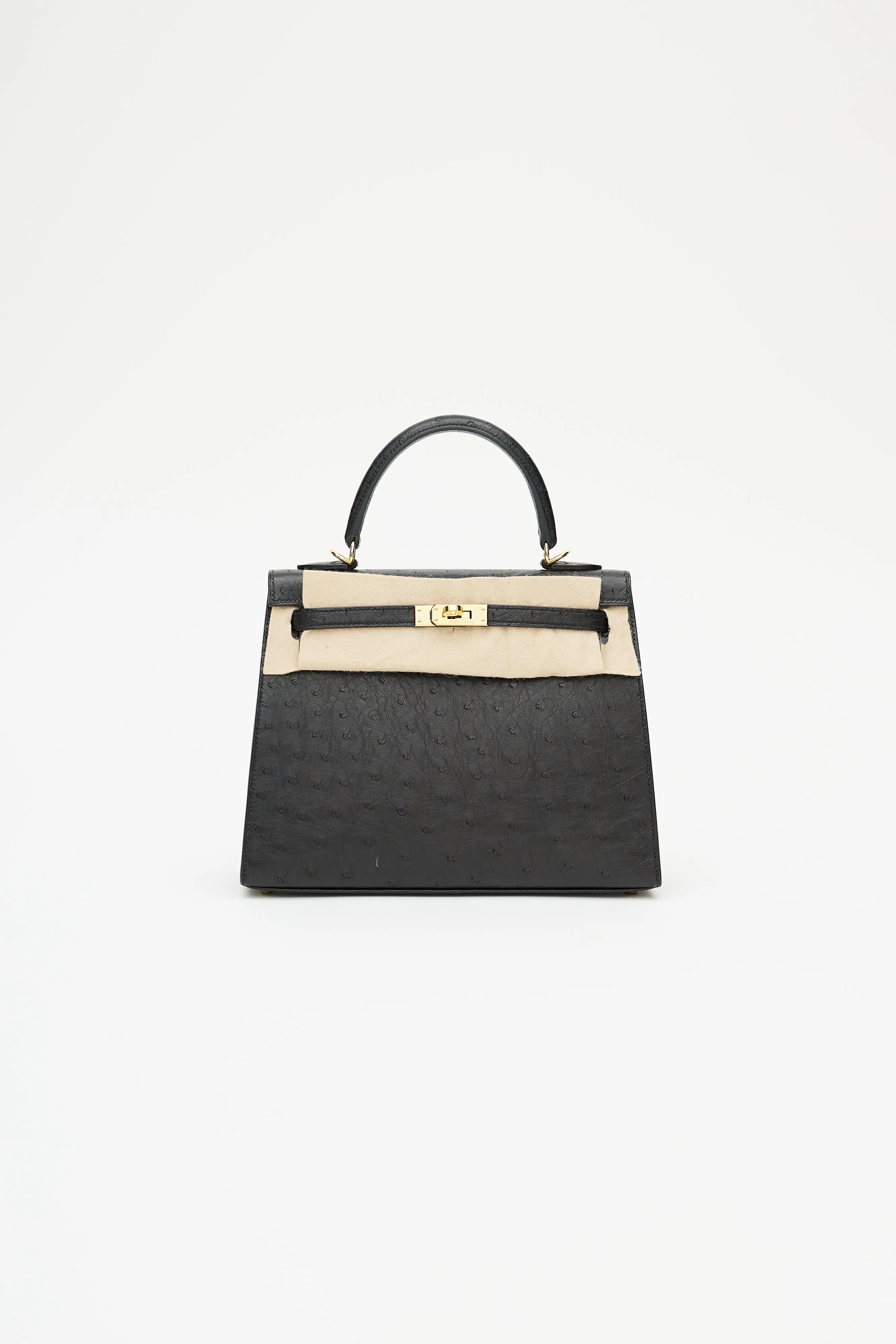 2021 Noir Ostrich & Gold Kelly Sellier 25 Bag