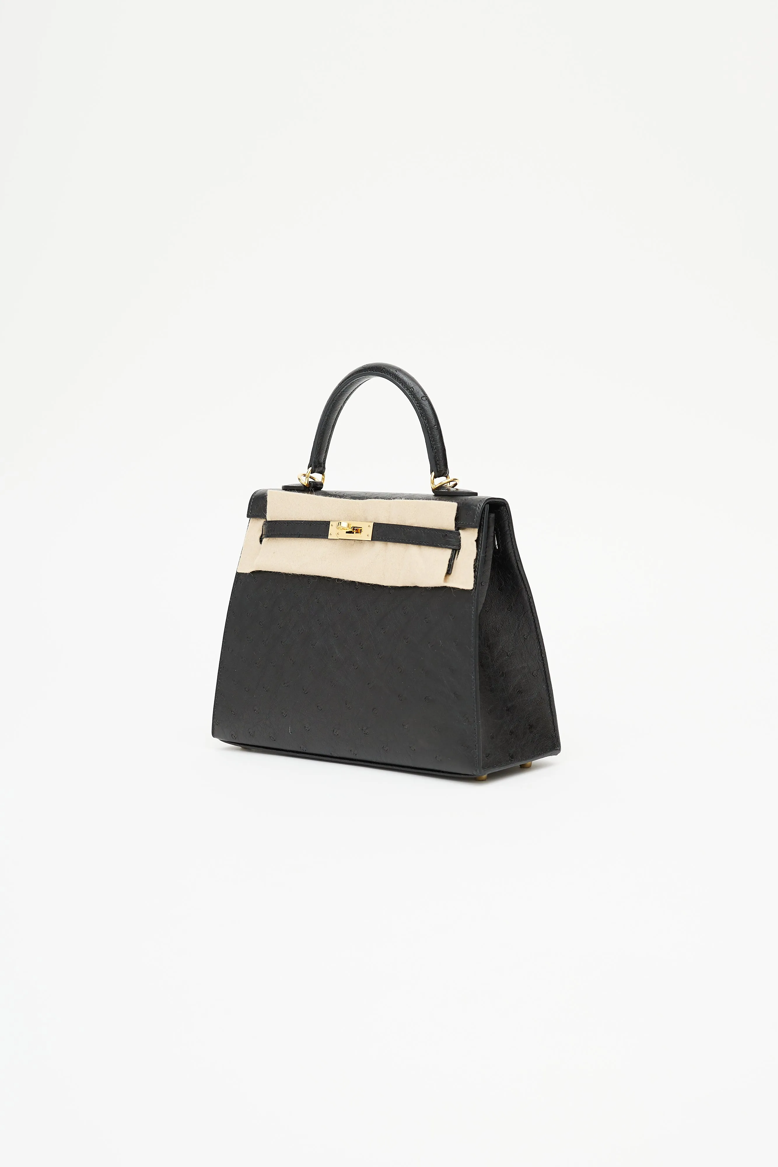 2021 Noir Ostrich & Gold Kelly Sellier 25 Bag