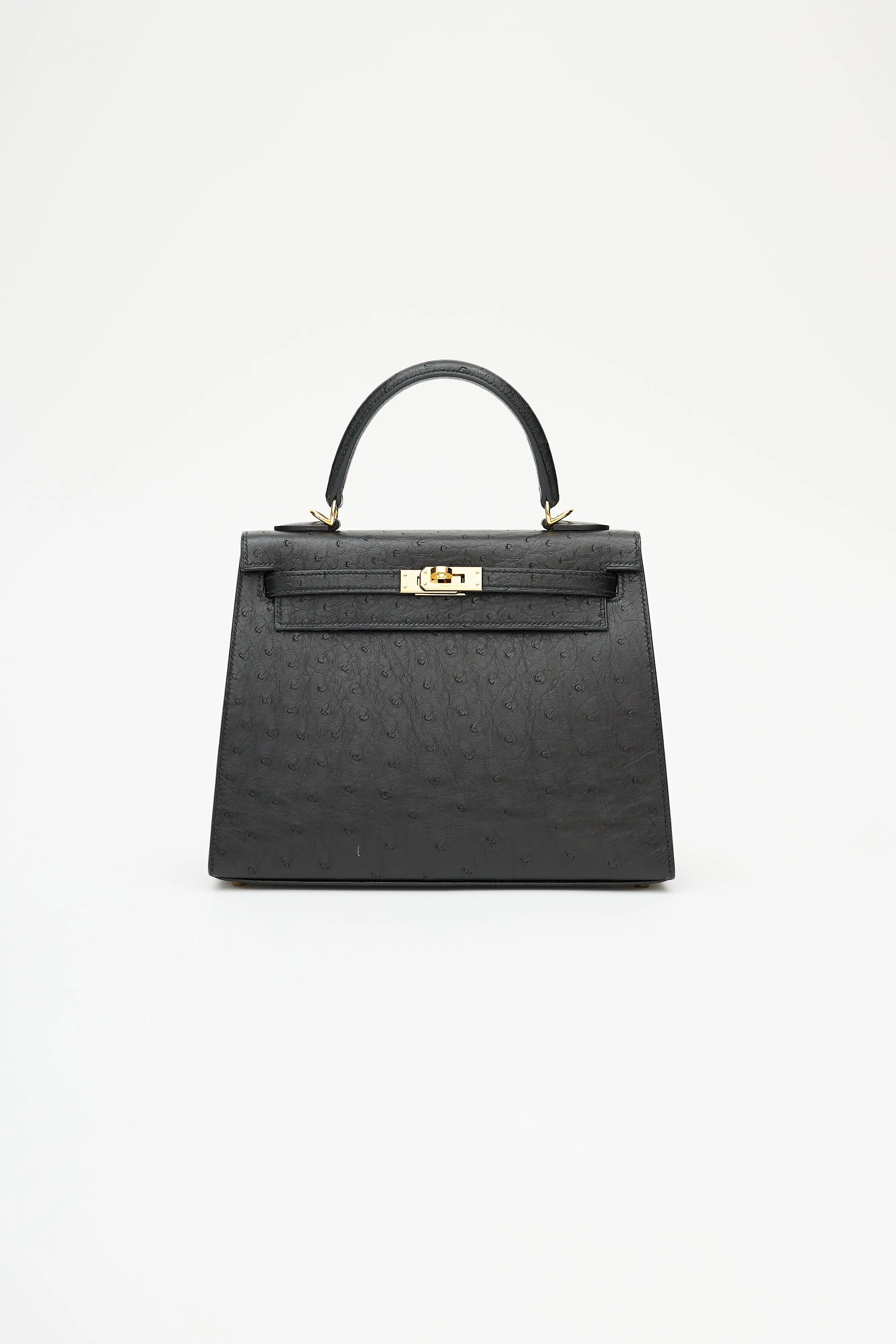 2021 Noir Ostrich & Gold Kelly Sellier 25 Bag