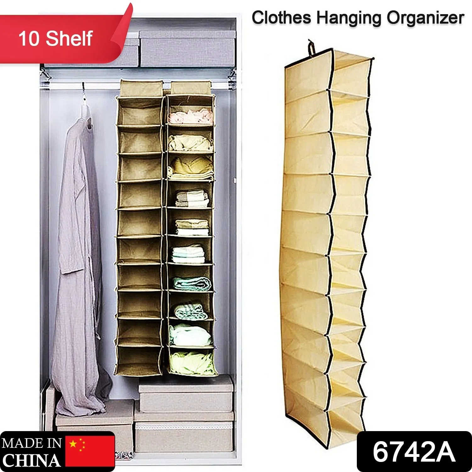 6742A 10 Tier Multipurpose Storage Rack, Foldable, Collapsible Fabric Wardrobe Organiser for Clothes