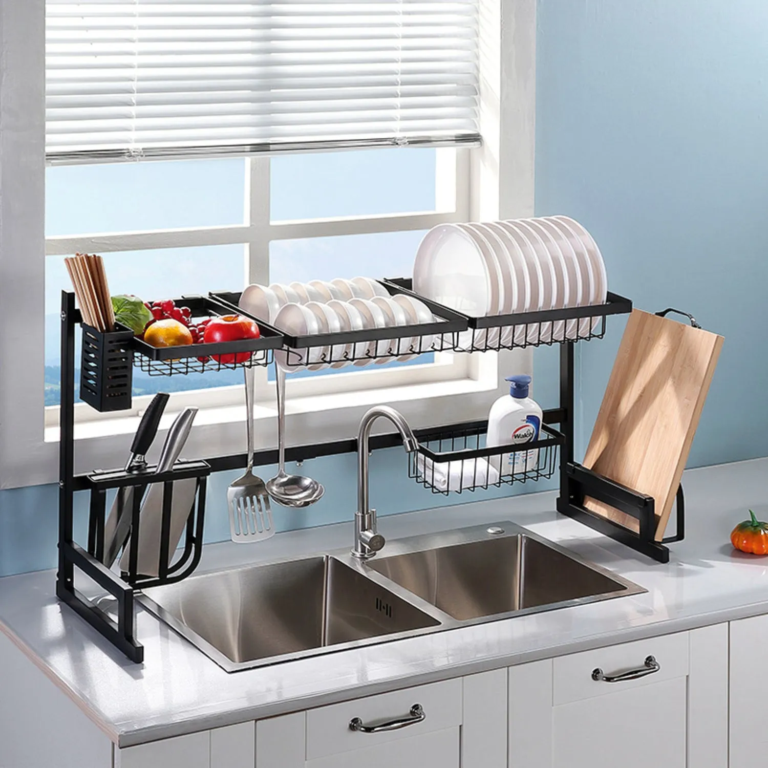 Adjustable Dishwasher Safe Over Sink Dish Drying Rack, Stainless Steel with 8 Components - GOMINIMO