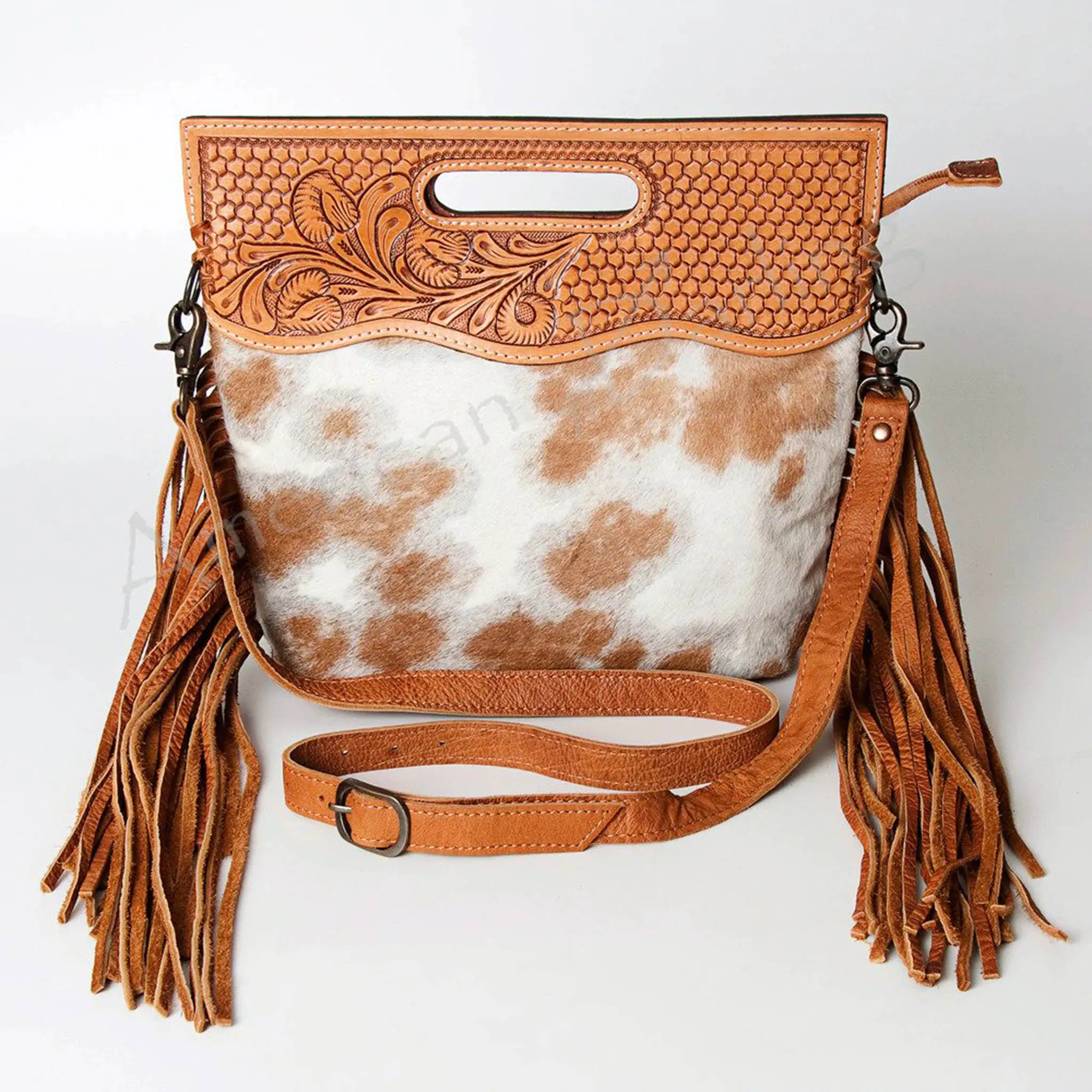 American Darling Brown & White Hide Tooled with Fringe Purse