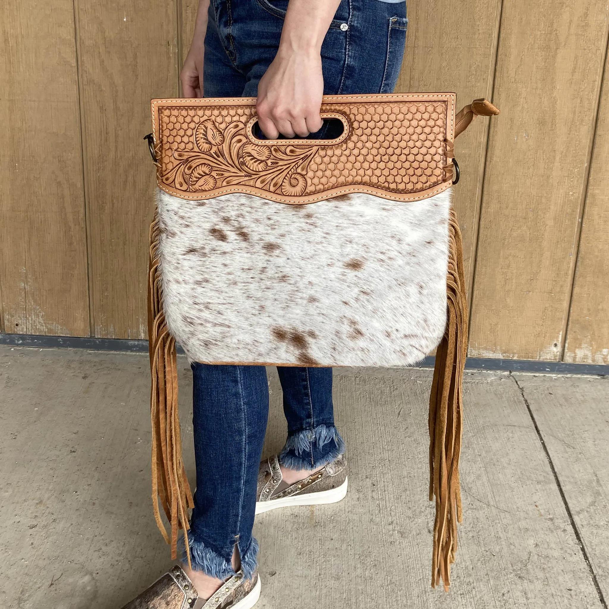 American Darling Brown & White Hide Tooled with Fringe Purse