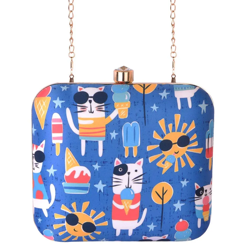 Artklim Ice-Cream & Cat Printed Clutch with Detachable Sling