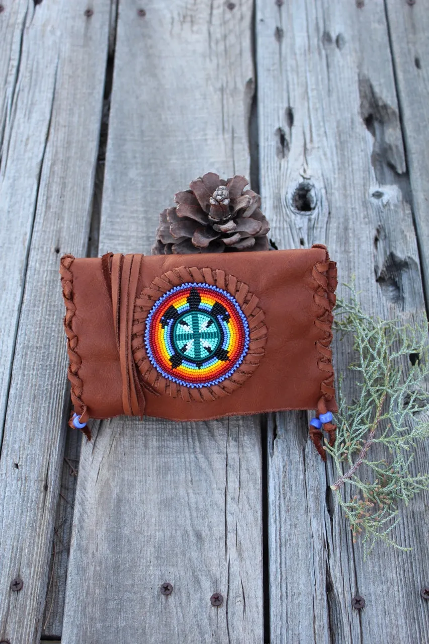 Beaded turtle totem clutch, beaded leather clutch