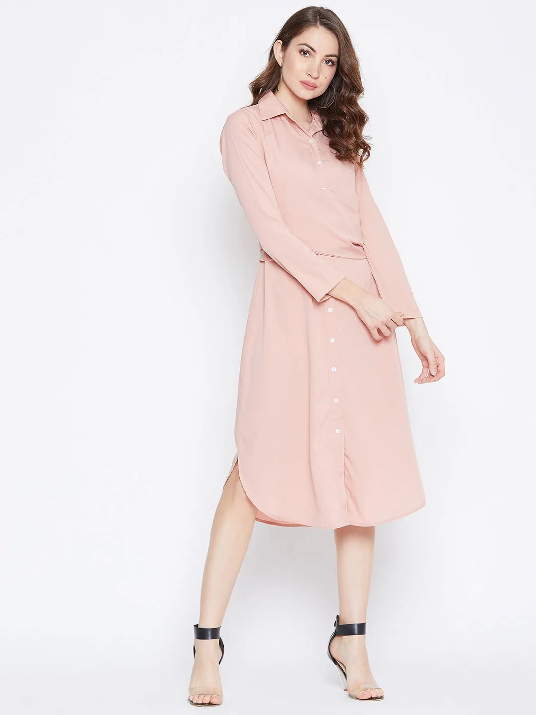 Berrylush Women Solid Pink Collared Neck Button-Up Curved Midi Shirt Dress