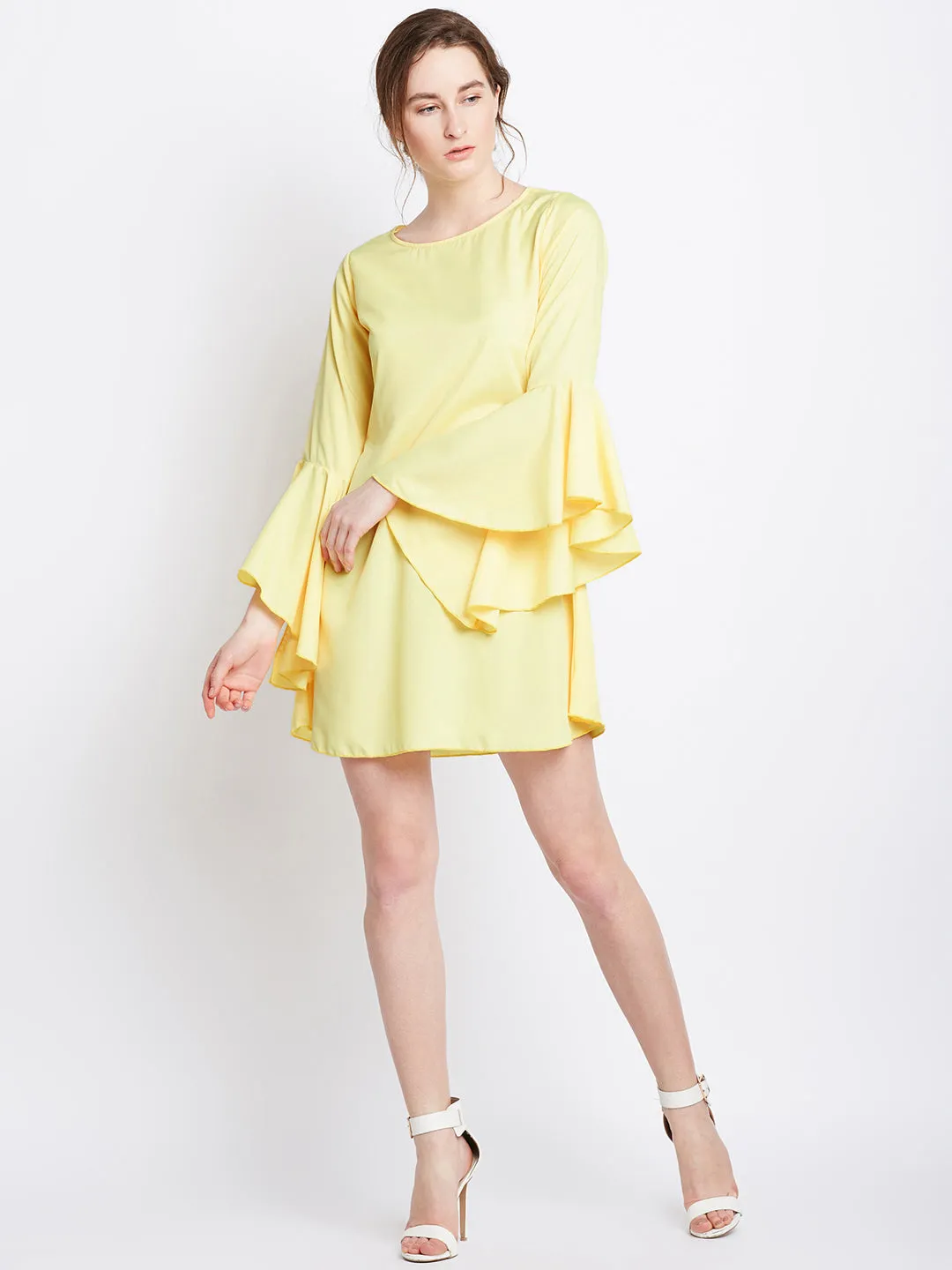 Berrylush Women Solid Yellow Round Neck Flared Sleeves A-Line Mini Dress