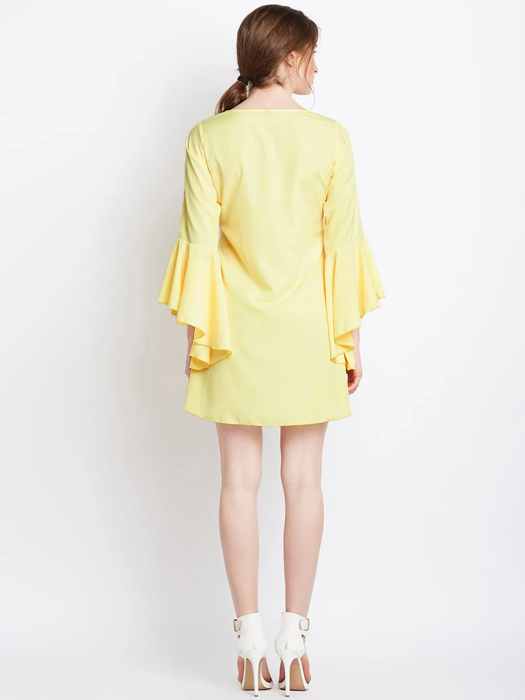 Berrylush Women Solid Yellow Round Neck Flared Sleeves A-Line Mini Dress