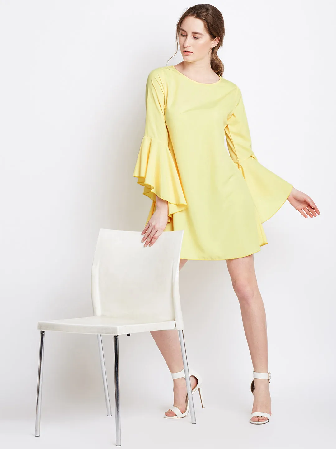 Berrylush Women Solid Yellow Round Neck Flared Sleeves A-Line Mini Dress