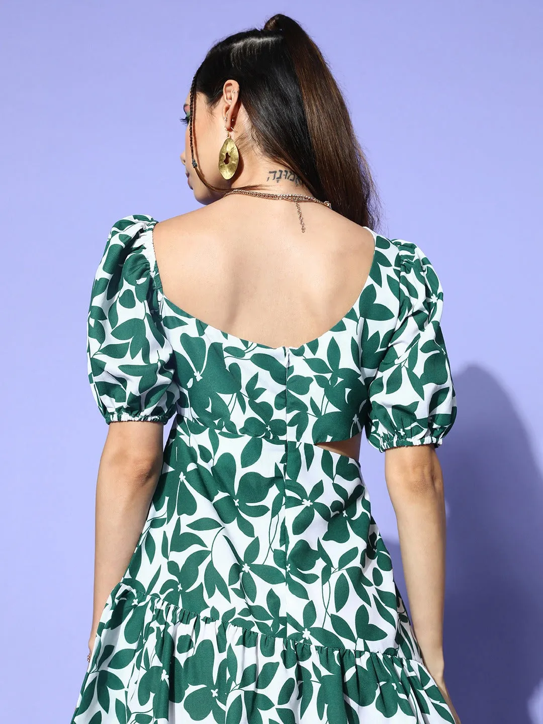 Berrylush Women White & Green Leaf Printed Boat Neck Puff Sleeves Cutout Flared A-Line Mini Dress