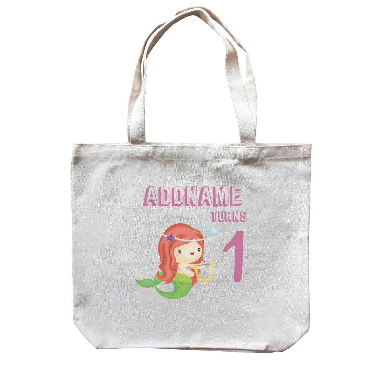 Birthday Mermaid Red Long Hair Mermaid Playing Harp Addname Turns 1 Canvas Bag