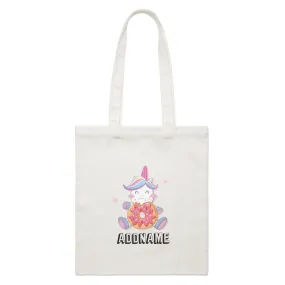 Birthday Unicorn Happy Eating Donut Addname White Canvas Bag