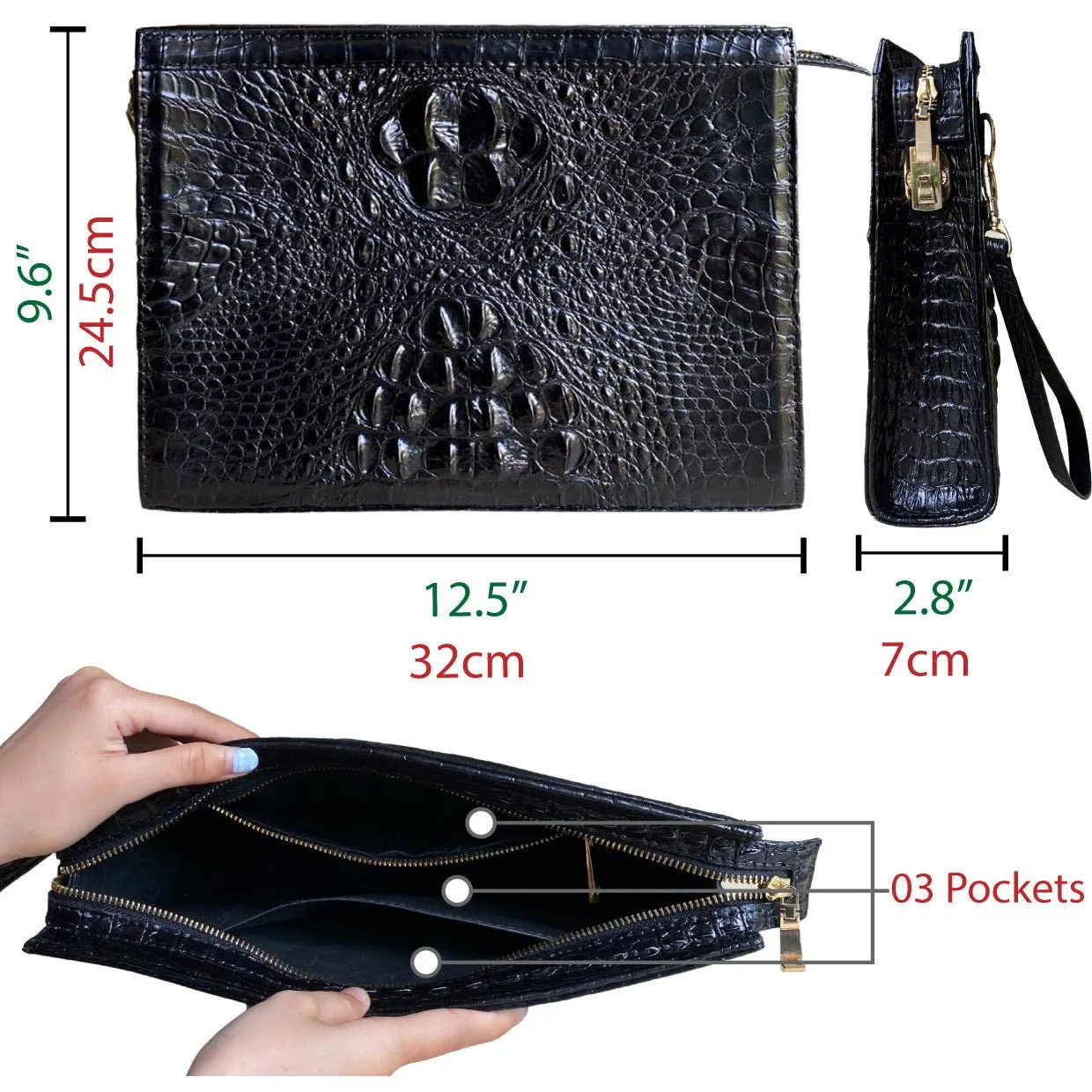 Black Alligator Mens Big Wristlet Clutch Purse Business Bag Premium Crocodile Handbag RFID Blocking CLUT01