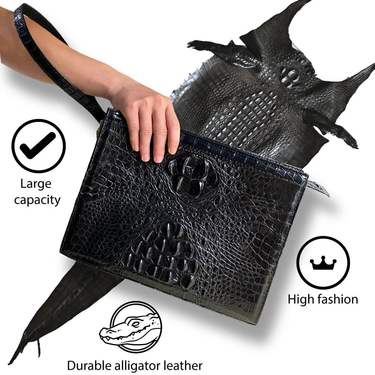 Black Alligator Mens Big Wristlet Clutch Purse Business Bag Premium Crocodile Handbag RFID Blocking CLUT01