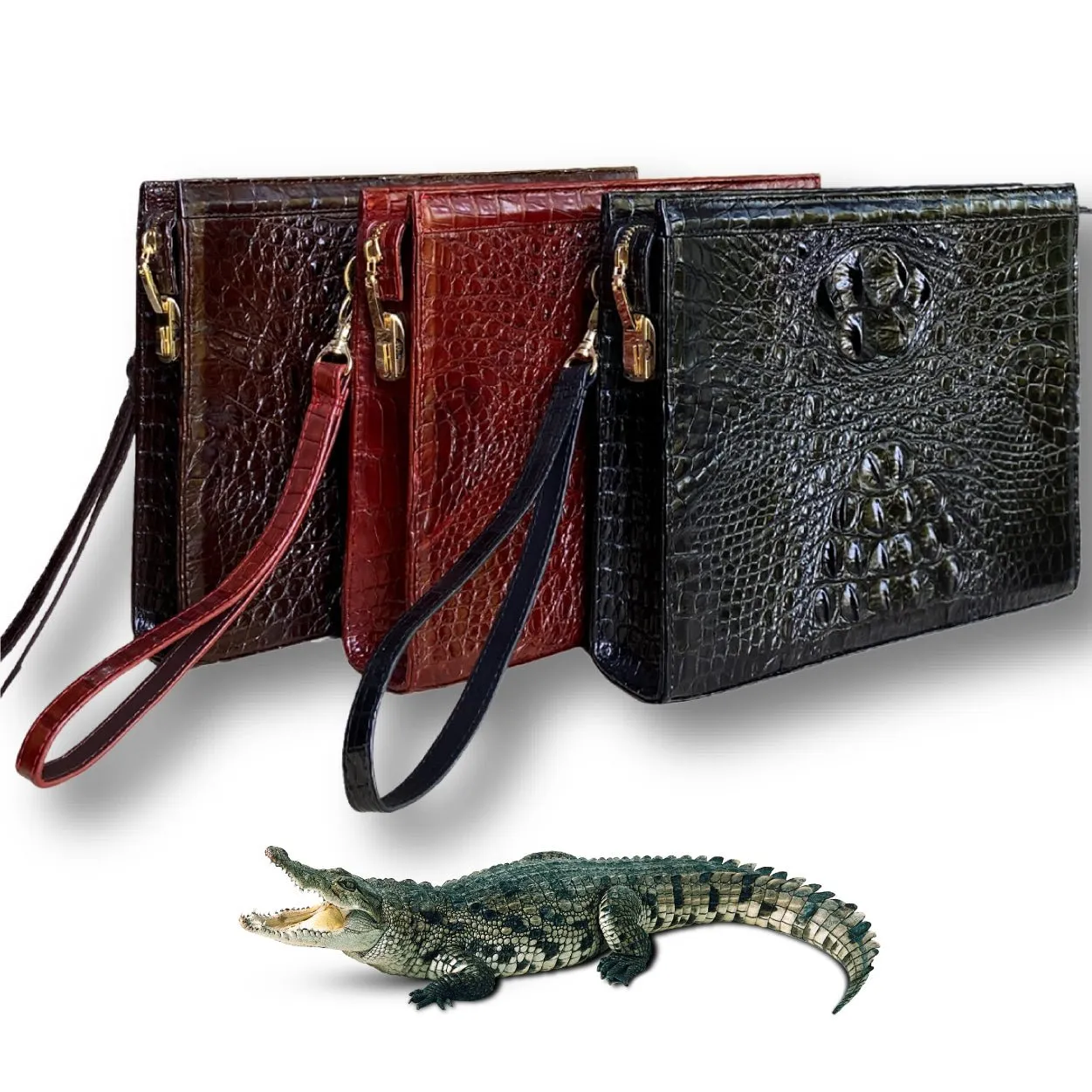 Black Alligator Mens Big Wristlet Clutch Purse Business Bag Premium Crocodile Handbag RFID Blocking CLUT01