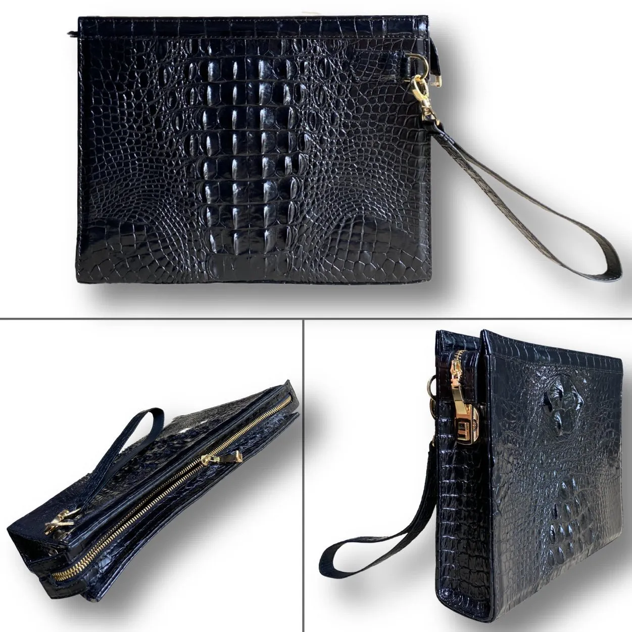 Black Alligator Mens Big Wristlet Clutch Purse Business Bag Premium Crocodile Handbag RFID Blocking CLUT01