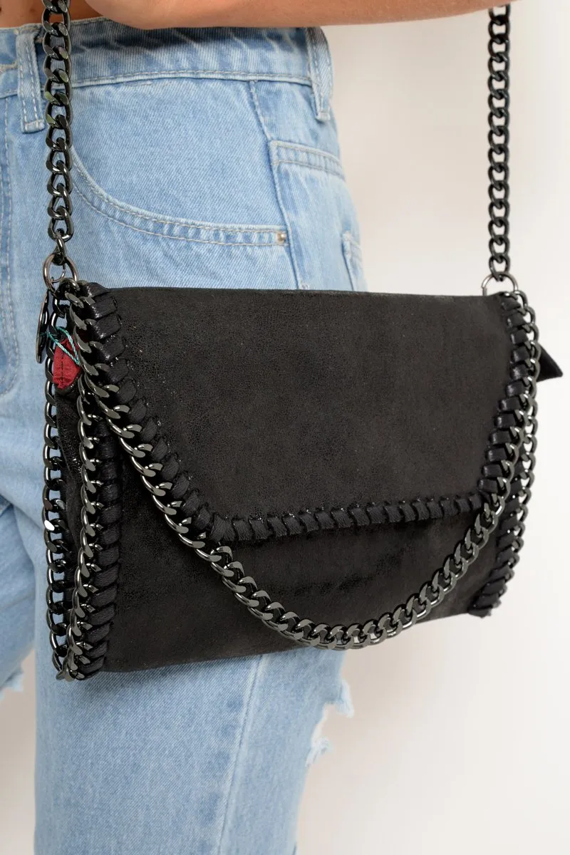 Black Faux Suede Chain Trim Cross Body Bag - Deina