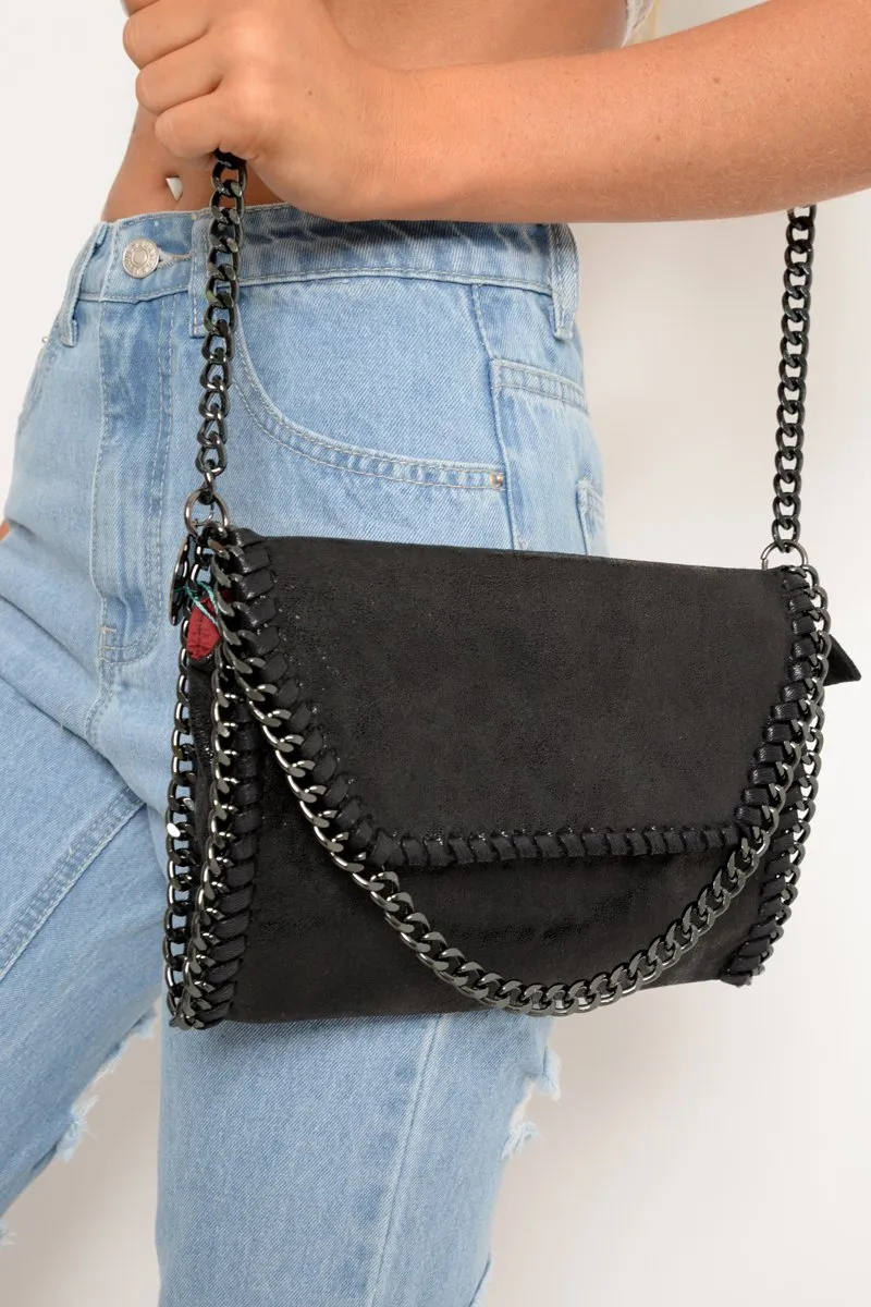 Black Faux Suede Chain Trim Cross Body Bag - Deina