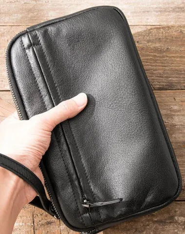 Black Leather Mens Long Zipper Clutch Wallet Wristlet Bag Long Wallet Phone Clutch Wallet for Men