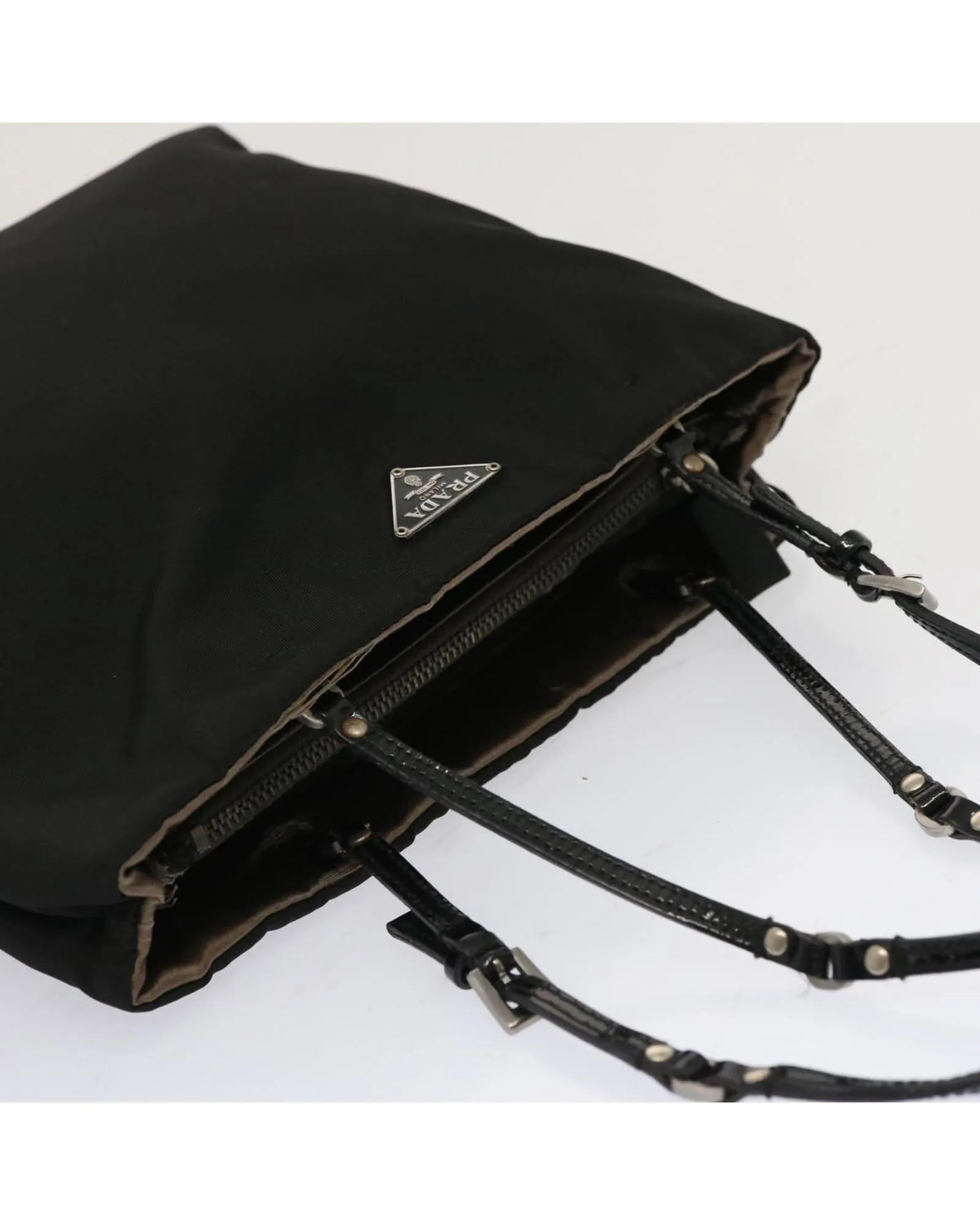 Black Nylon Hand Bag with Scratched Metal Fittings and Rubbing