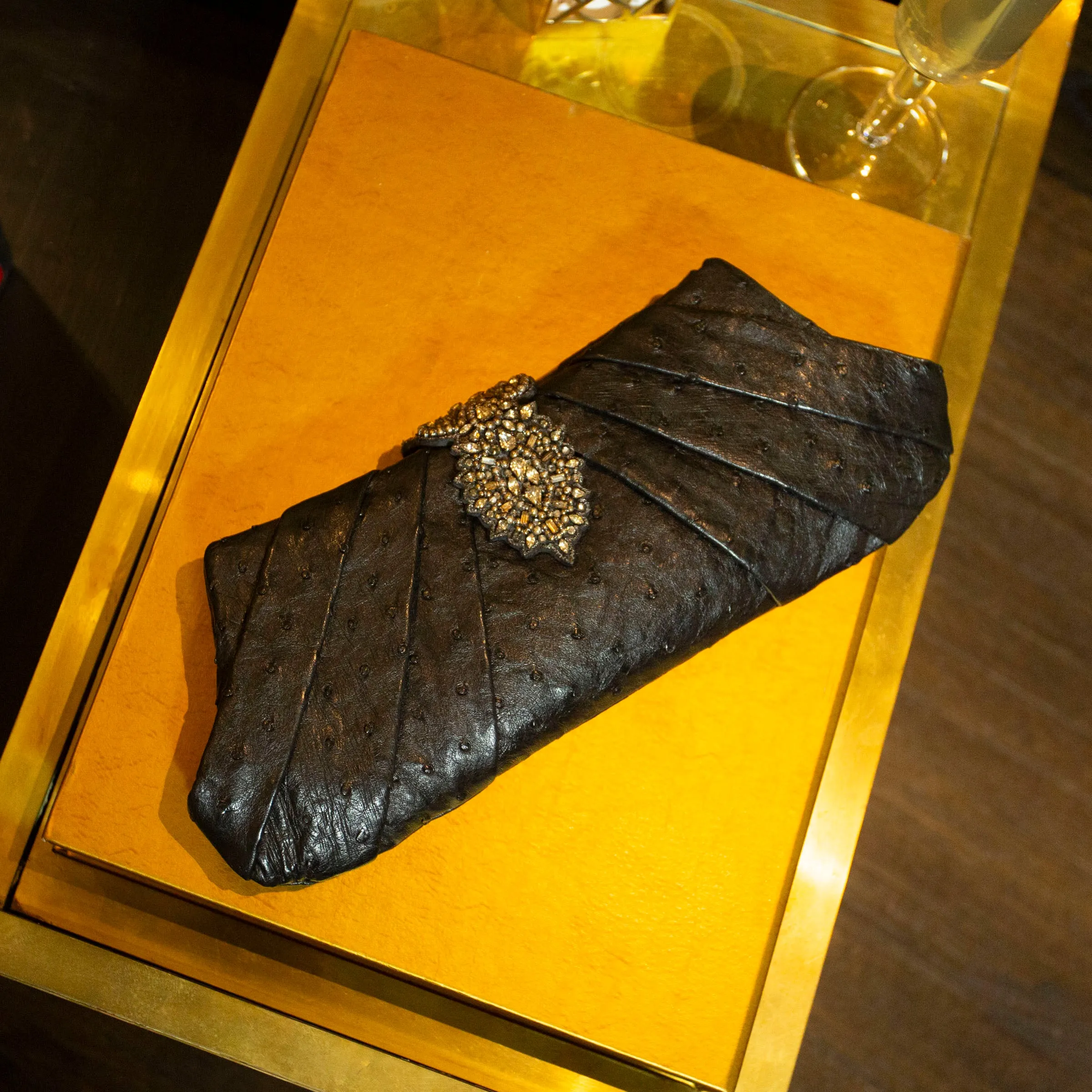 Black Ostrich Leather Crystal Embellished Clutch