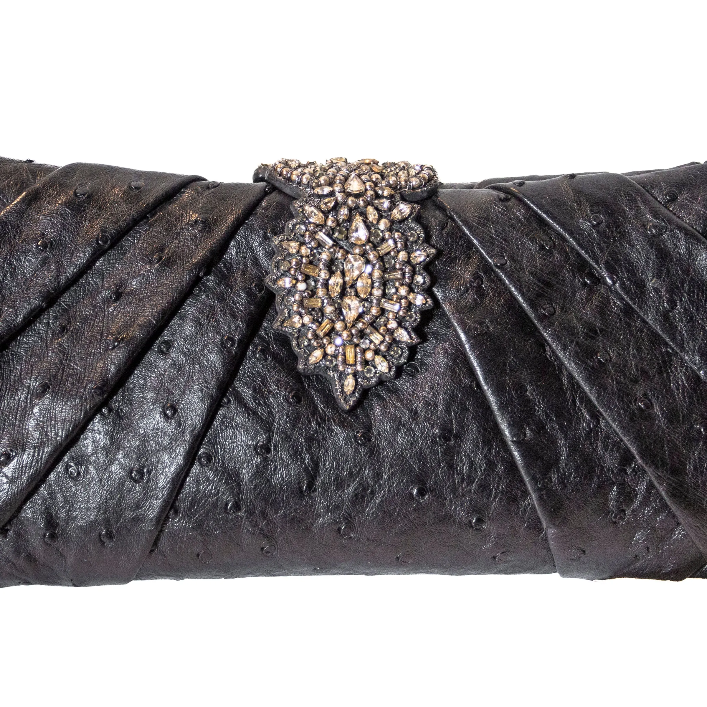 Black Ostrich Leather Crystal Embellished Clutch