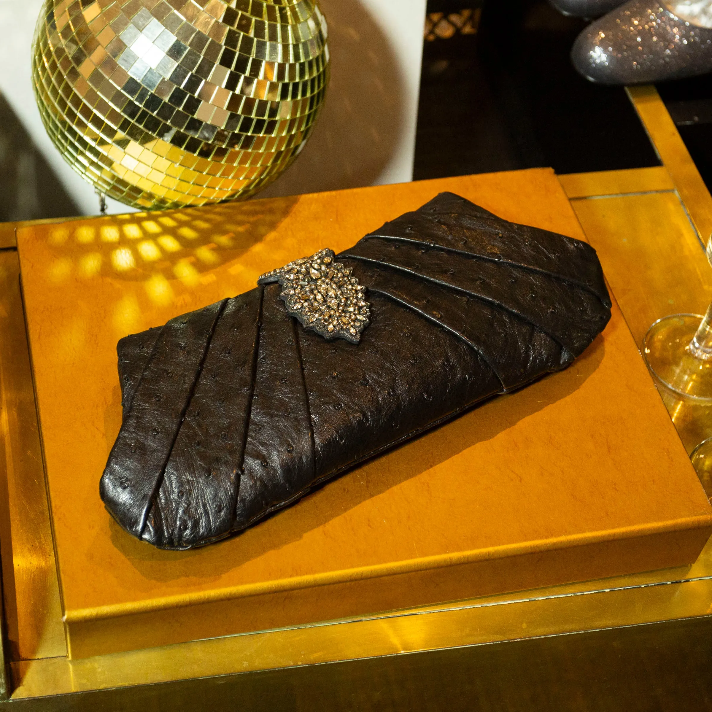 Black Ostrich Leather Crystal Embellished Clutch