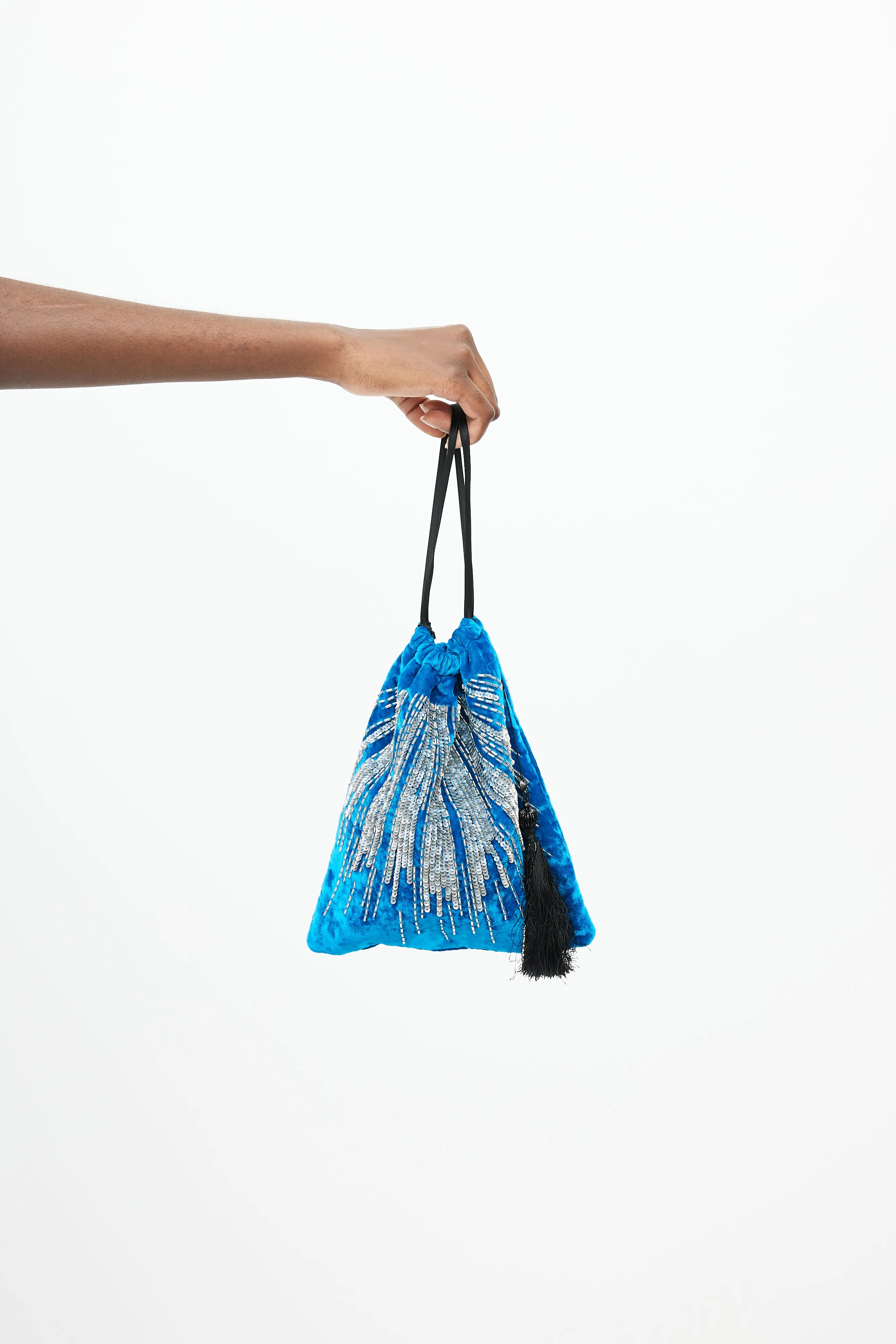 Blue & Silver Sequin Velvet Drawstring Pouch