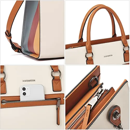 BOSTANTEN Leather Laptop Briefcase for Women Shoulder Bag 15.6 Inch Business Computer Tote Beige