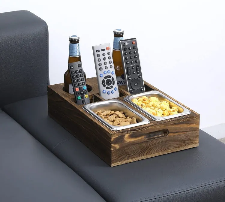 Burnt Brown Wood Sofa Couch Snacks Caddy Serving Crate Tray with 2 Cup Holders and 3 Remote Control Slots