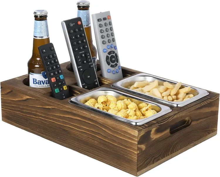 Burnt Brown Wood Sofa Couch Snacks Caddy Serving Crate Tray with 2 Cup Holders and 3 Remote Control Slots