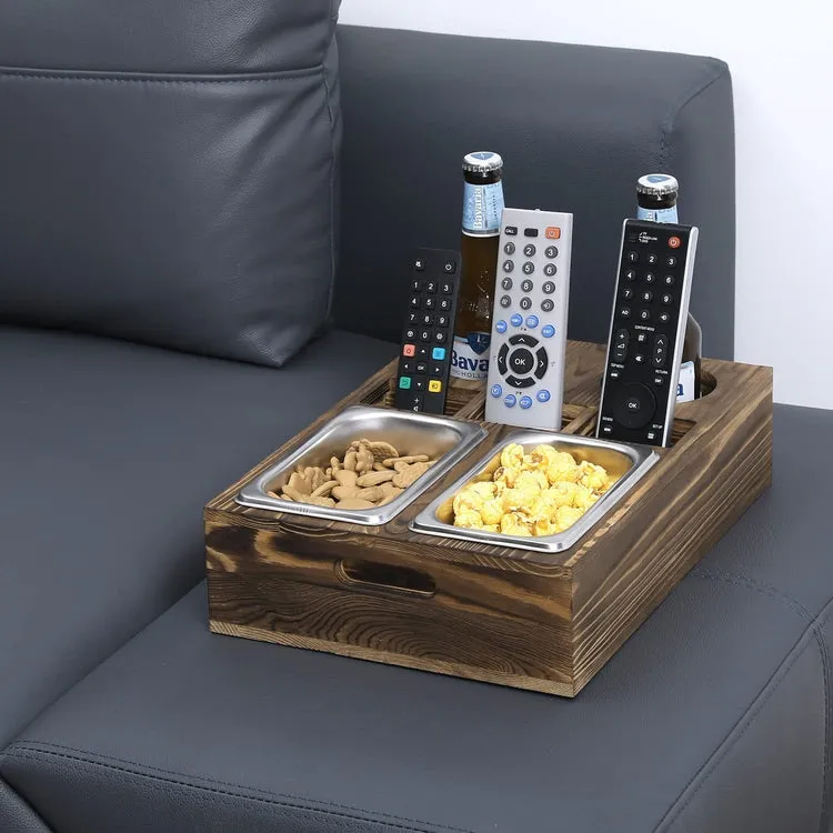 Burnt Brown Wood Sofa Couch Snacks Caddy Serving Crate Tray with 2 Cup Holders and 3 Remote Control Slots