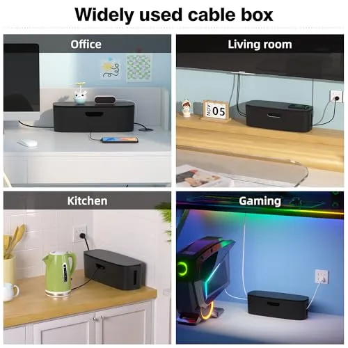 Cable Management Box - Large Cord Organizer Box to Hide Power Strip & Under Desk, TV Computer Wires Cable Organizer Box with Baby Proofs, Desk Cord Organizer for Home/Office - Black