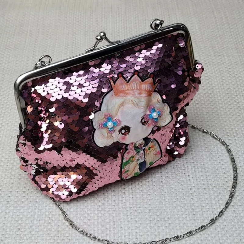 Cartoon Sequin Girls Shoulder Bags – Glitter Leather Splicing LED Light Messenger Bags