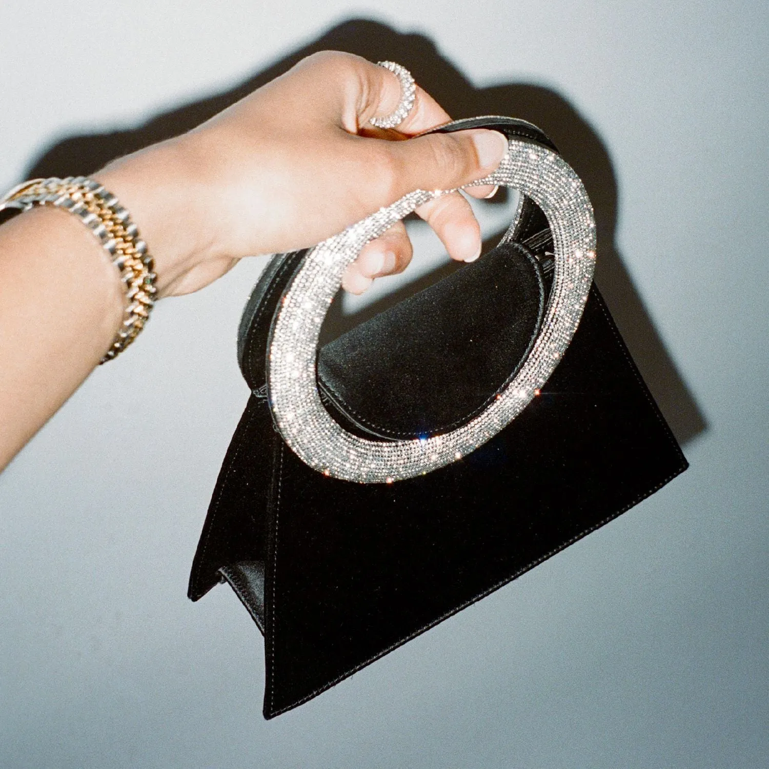 Circle Rhinestone Handle Satin Clutch