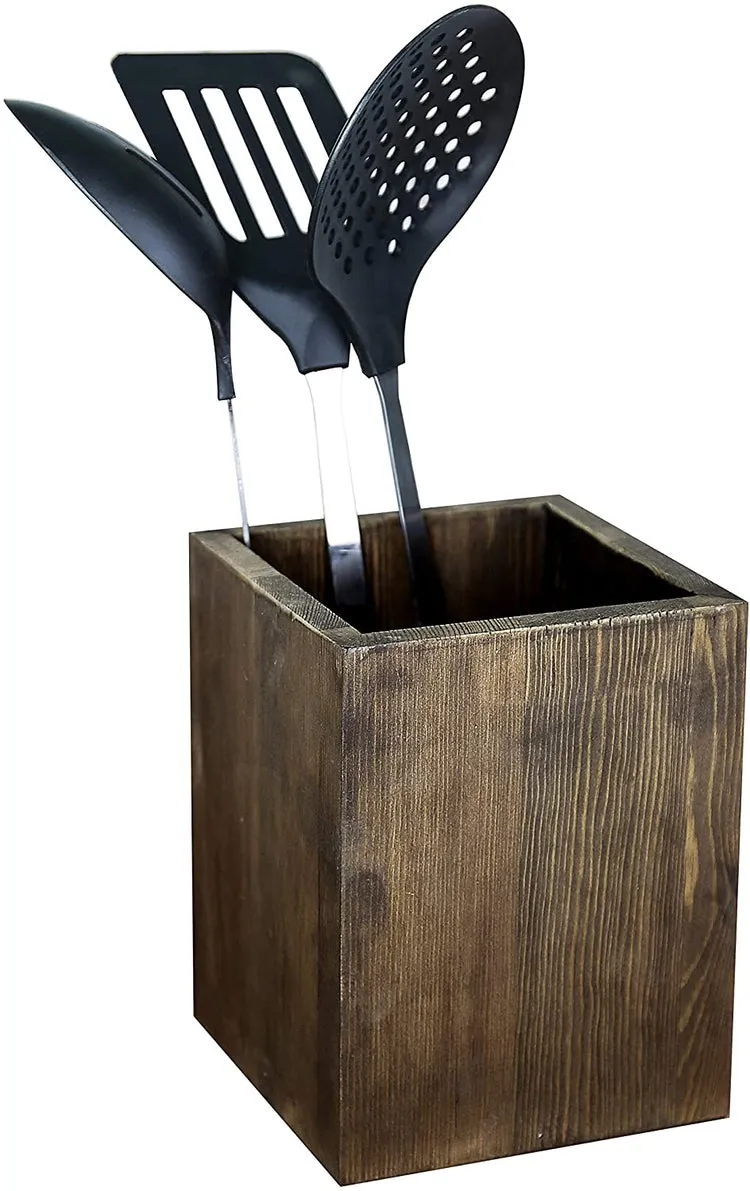 Coffee Brown Wood Kitchen Utensil Holder, Countertop Cooking Organizer