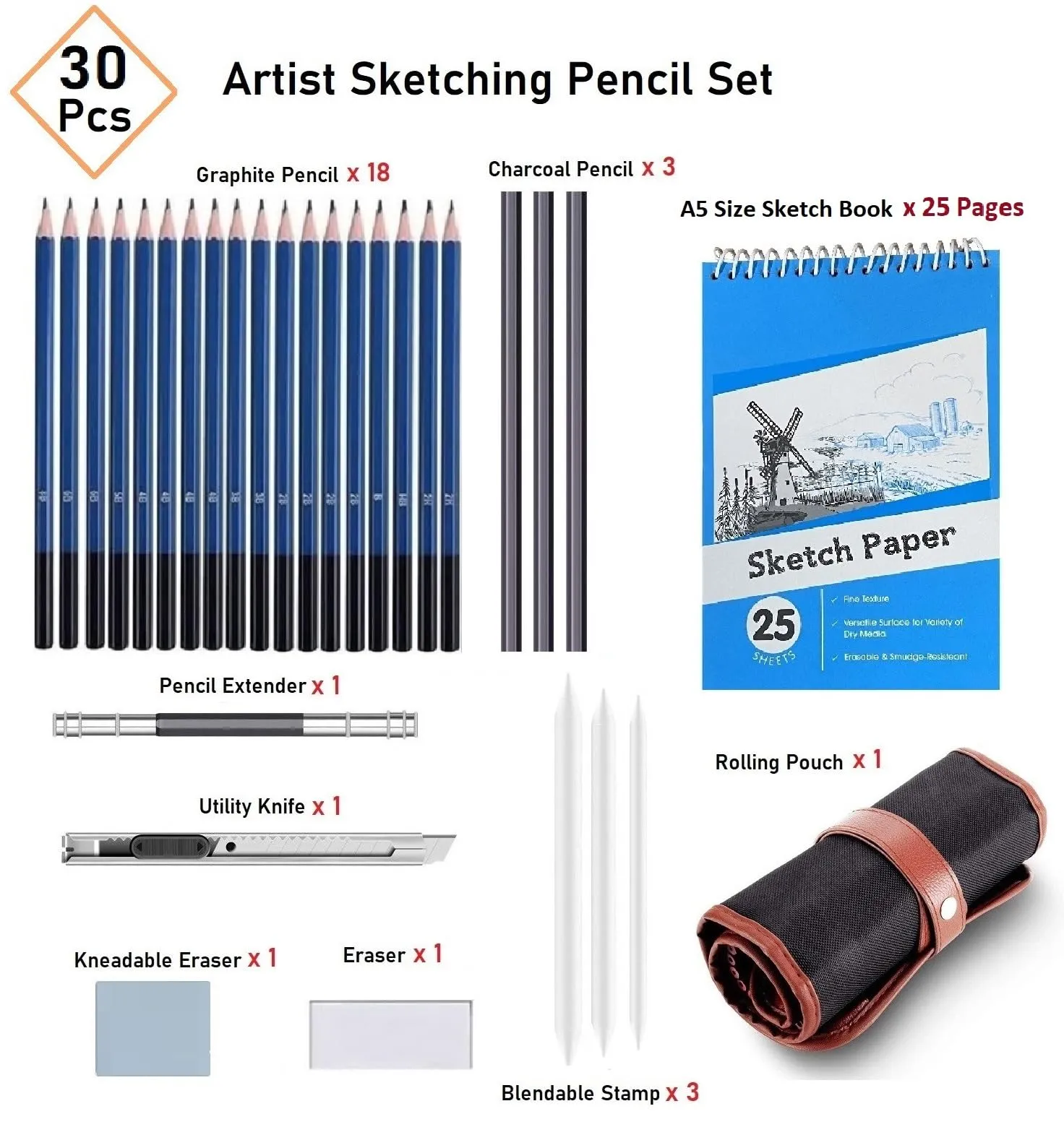 Corslet 30 Pc Professional Art Drawing Charcoal Pencils Kit Set for Artists with A5 Sketch Book Shading Sketching Graphite Sketch Supplies Stationary Adults Tools Best Gifts Beginners (Including Bag)