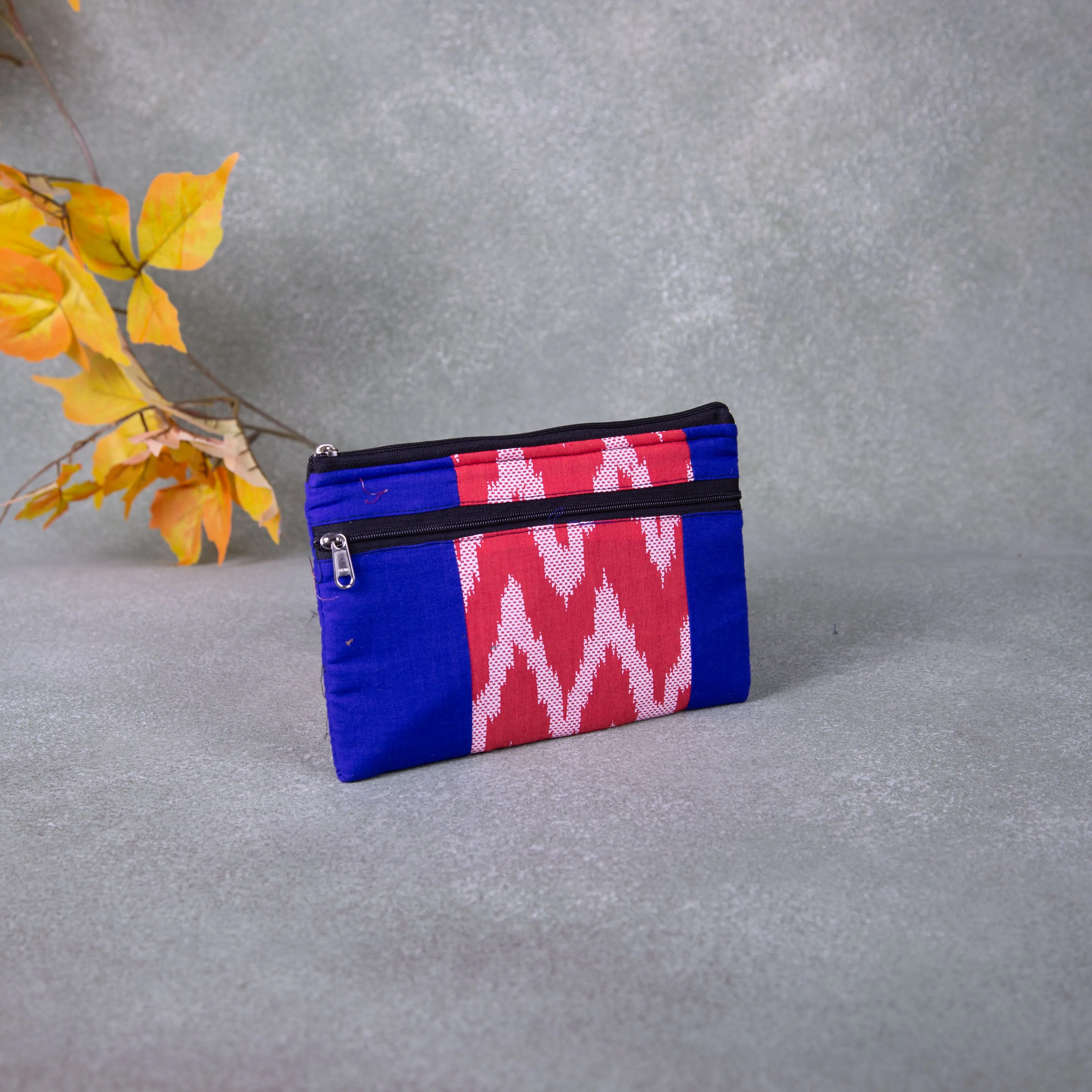 Cotton Multizip Purse Blue with Red With White Zig Zag Design.