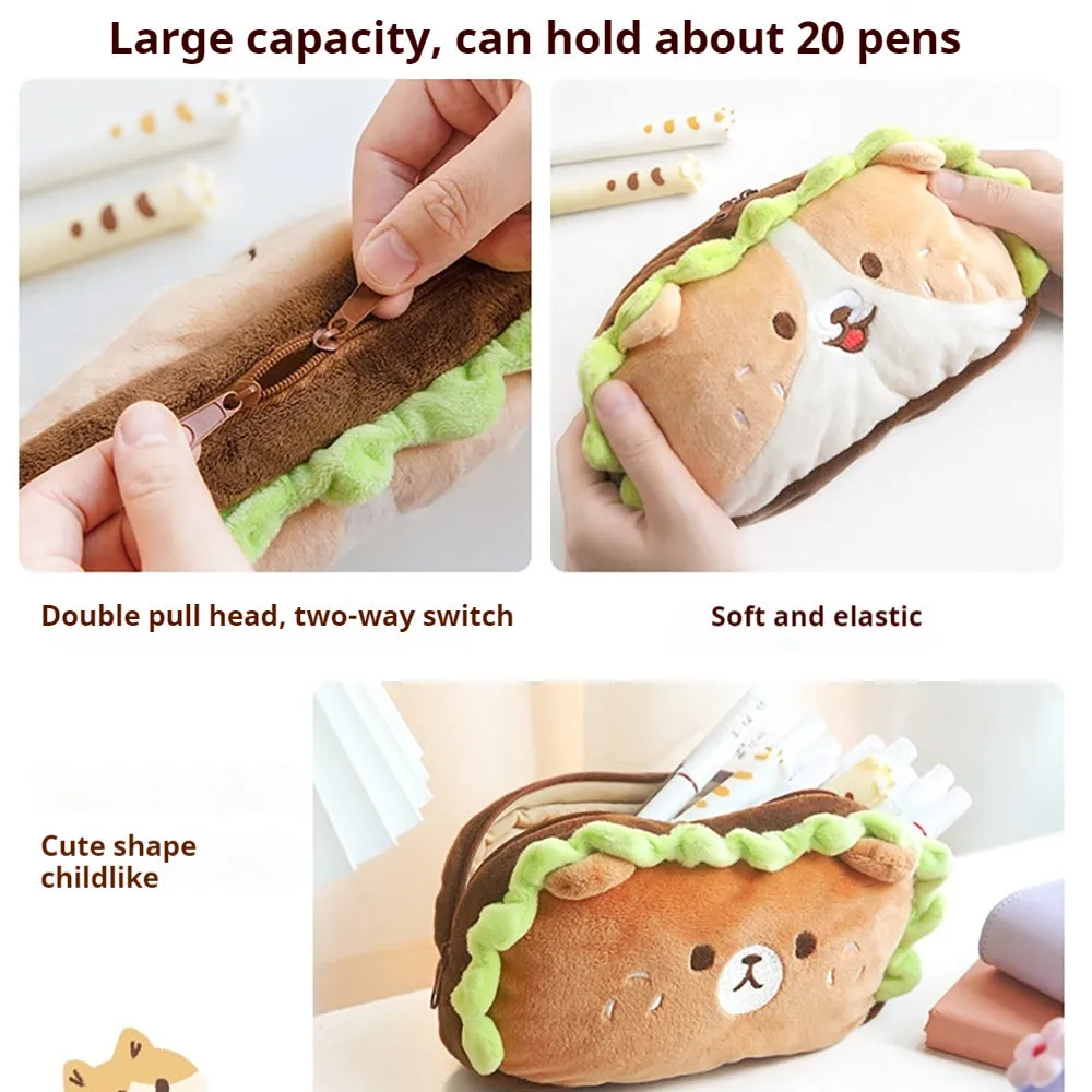 Cute hamburger pencil case, cute, full of fun, embroidery, large capacity, double zipper pullers, soft short plush, healing bear, puppy, burger, fat pencil case